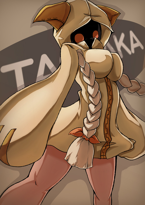 fortis-931, sobatto (fortis-931), taokaka, arc system works, blazblue, 1girl, braid, breasts, character name, female focus, hood, hoodie, impossible clothes, impossible shirt, red eyes, ribbon, shirt, solo, twin braids