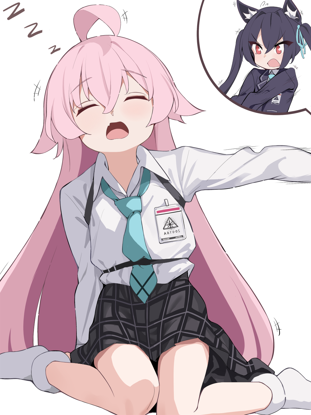 hoshiya takahito, hoshino (blue archive), serika (blue archive), blue archive, commentary, highres, +++, 2girls, ahoge, aqua necktie, black skirt, chest harness, closed eyes, collared shirt, facing viewer, fang, grabbing another's arm, harness, huge ahoge, id card, long hair, long sleeves, motion lines, multiple girls, necktie, open mouth, pink hair, plaid clothes, plaid skirt, pulling arm, school uniform, shirt, shirt tucked in, simple background, sitting, skin fang, skirt, sleeping, sleeping upright, socks, spoken character, very long hair, white background, white shirt, white socks, zzz