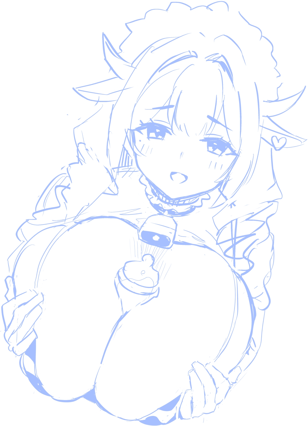 hori (hori no su), cowpens (azur lane), cowpens (milky ministrations) (azur lane), azur lane, azur lane: slow ahead, commentary request, highres, 1girl, animal ears, animal print, baby bottle, bell, between breasts, bikini, bottle, breasts, cow ears, cow horns, cow print, cow print bikini, cowbell, drill hair, fake animal ears, fake horns, horns, huge breasts, maid headdress, medium hair, mole, mole under eye, neck bell, official alternate costume, print bikini, simple background, sketch, solo, swimsuit, white background