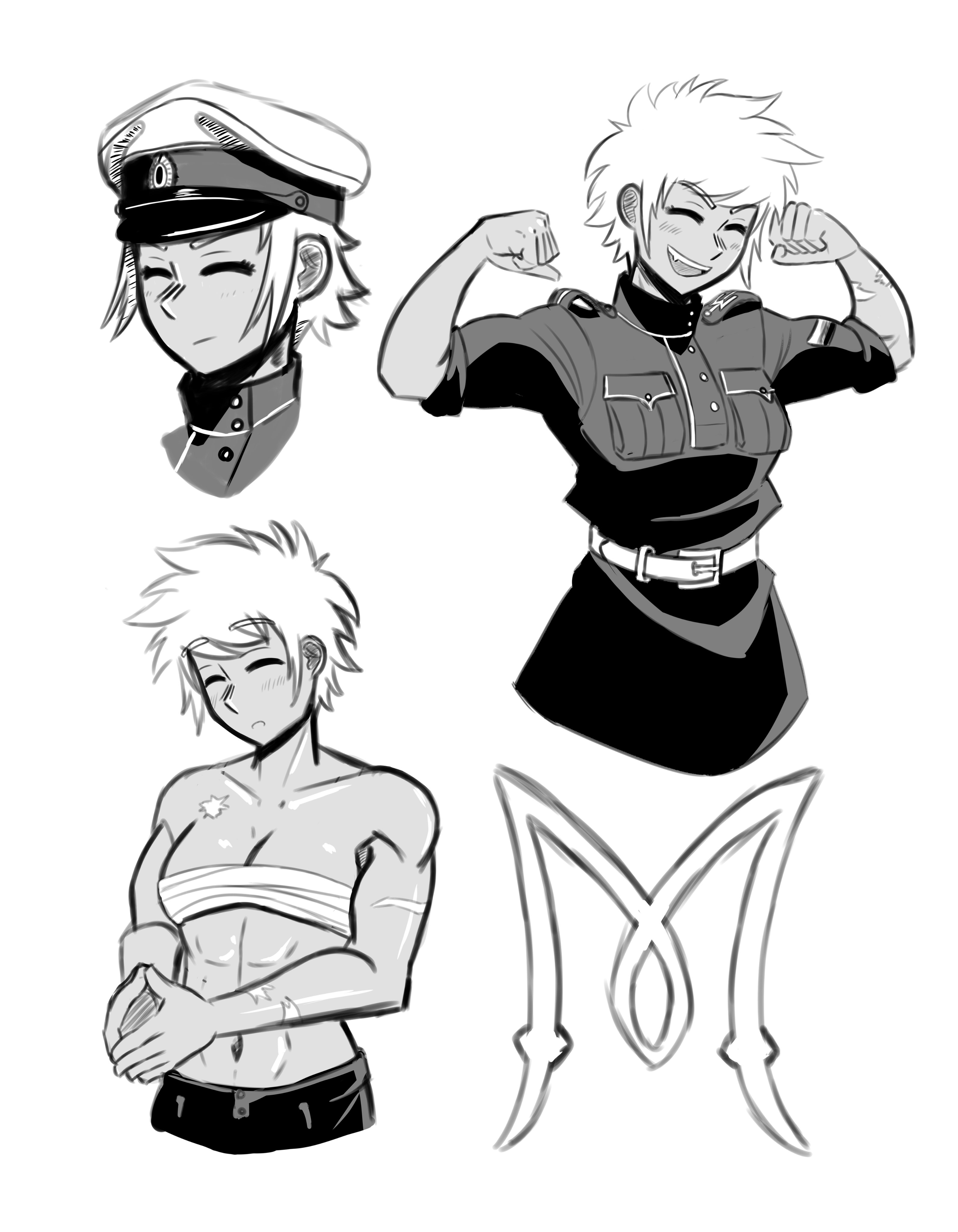 fluffkaiser, original, absurdres, check clothing, clothing request, commentary, english commentary, highres, 1girl, belt, black jacket, blush, breasts, chest sarashi, closed eyes, hat, high collar, imperial russian army, jacket, military uniform, monochrome, multiple views, no shirt, own hands together, peaked cap, russian civil war, sarashi, scar, scar on arm, scar on chest, short hair, shoulder boards, simple background, small breasts, smile, soldier, spiked hair, tomboy, white army, white belt