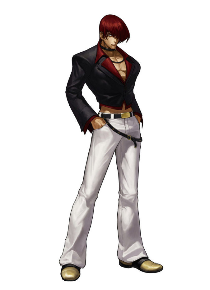 ogura eisuke, yagami iori, king of fighters xiii, snk, the king of fighters, the king of fighters xiii, official art, 1boy, belt, choker, cropped jacket, full body, hair over one eye, hands in pockets, male focus, pants, pectoral cleavage, pectorals, red hair, simple background, solo, standing, white background, white pants