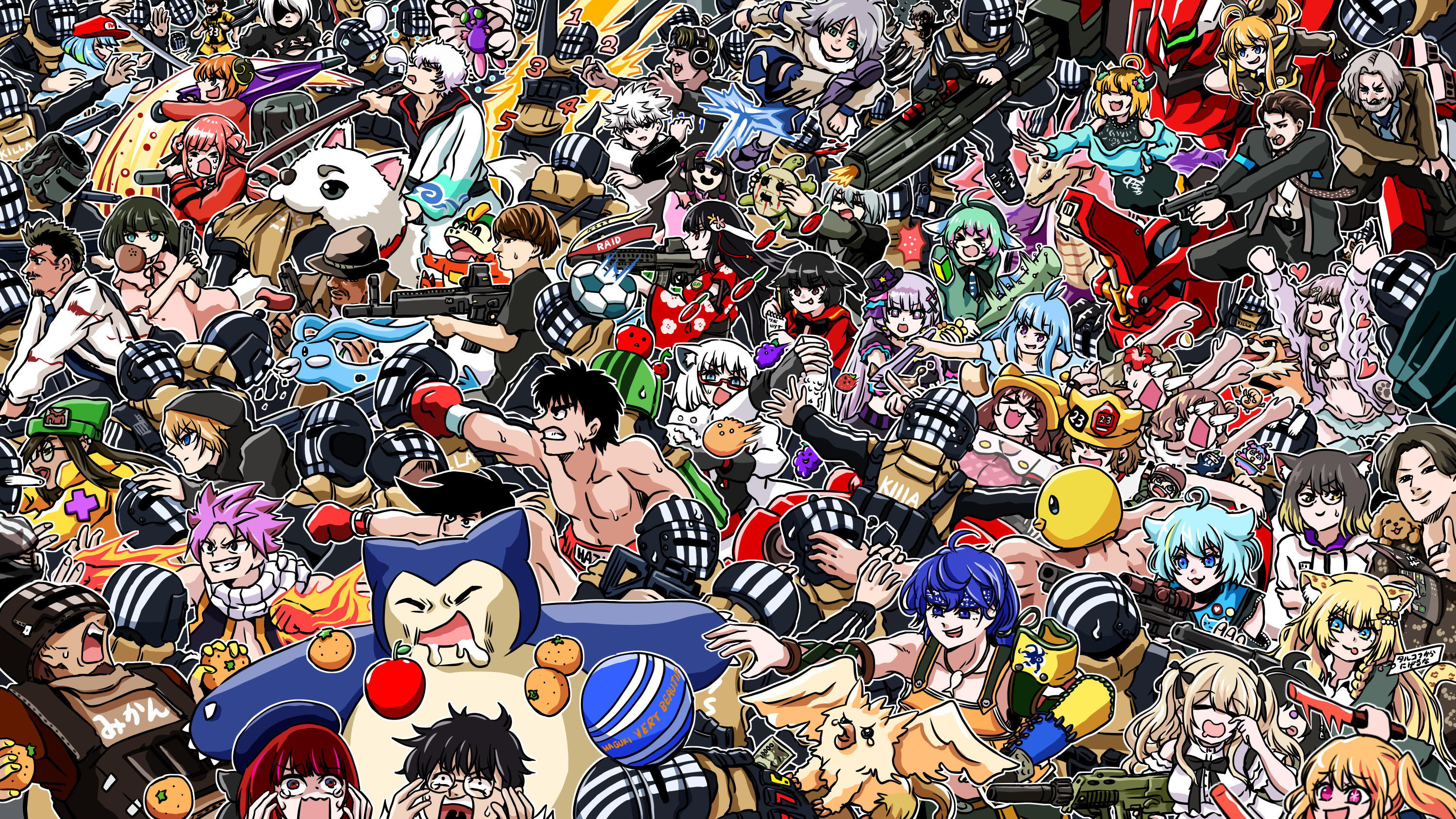 tsuchiyamashige, 2b (nier:automata), killa (escape from tarkov), snorlax, detroit: become human, escape from tarkov, fairy tail, gintama, mario (series), nier:automata, nier (series), nintendo, oshi no ko, pokemon, annotation request, character request, commentary request, copyright request, highres, 6+boys, 6+girls, ahoge, animal ears, ball, beanie, black hair, blonde hair, blue eyes, blue hair, bow, boxing gloves, braid, brown bow, brown hair, closed mouth, coconut, dog, facial hair, flower, food, fruit, gen 1 pokemon, glasses, grapes, green hair, grey hair, gun, hair flower, hair ornament, handgun, hat, headphones, heart, holding, holding gun, holding sword, holding tongs, holding weapon, multicolored hair, multiple boys, multiple girls, necktie, nose bubble, orange hair, pokemon (creature), purple hair, red flower, red hair, saliva, smile, soccer ball, sword, thumbs up, tongs, turtle, weapon, white hair