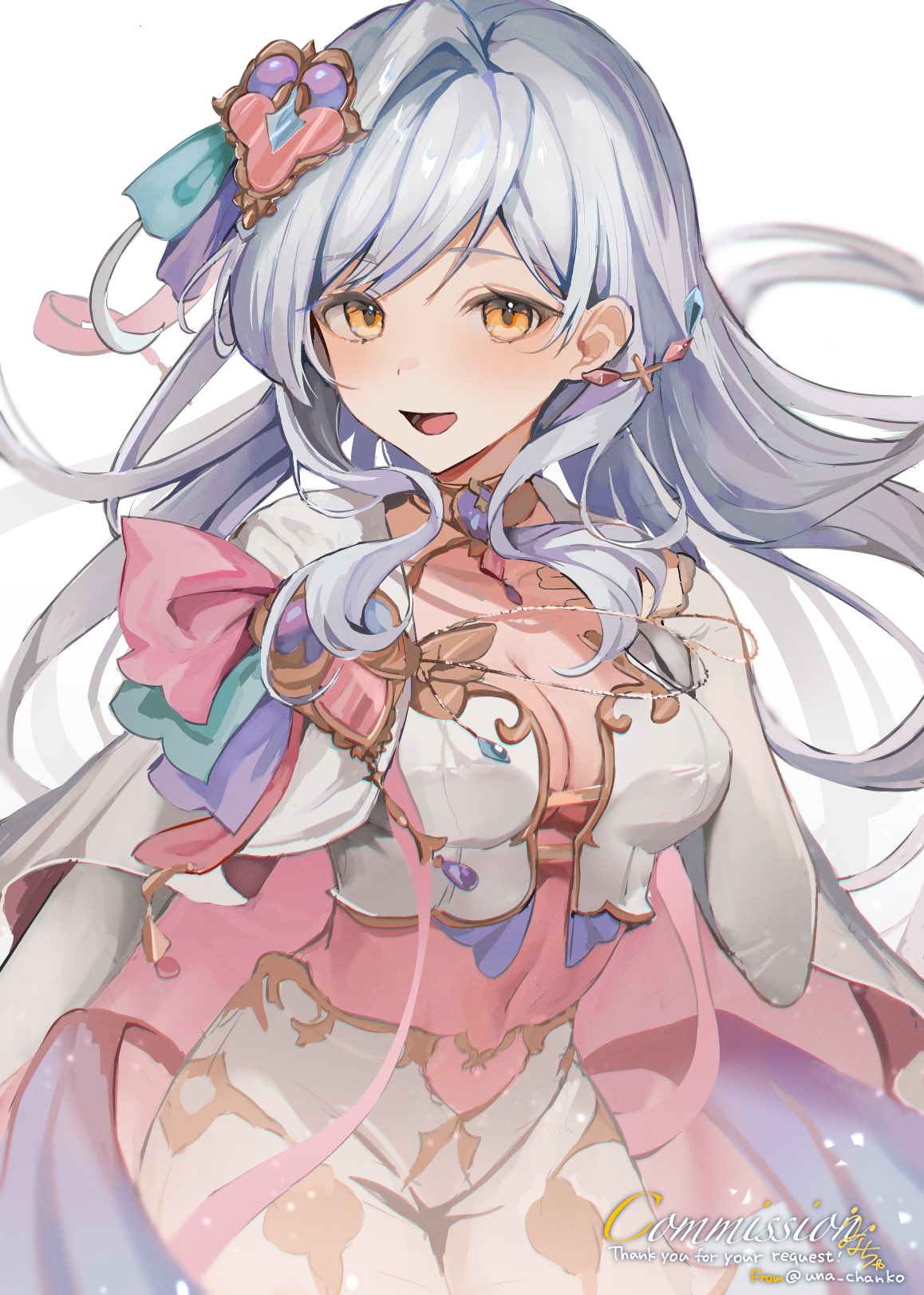 unacha, indie virtual youtuber, commentary request, commission, highres, skeb commission, 1girl, allipaca, breasts, capelet, cleavage, cropped shirt, earrings, gold trim, hair ornament, jewelry, long hair, long sleeves, looking at viewer, medium breasts, navel, open mouth, shirt, shorts, simple background, single earring, smile, solo, virtual youtuber, white background, white capelet, white hair, white shirt, white shorts, white sleeves, yellow eyes