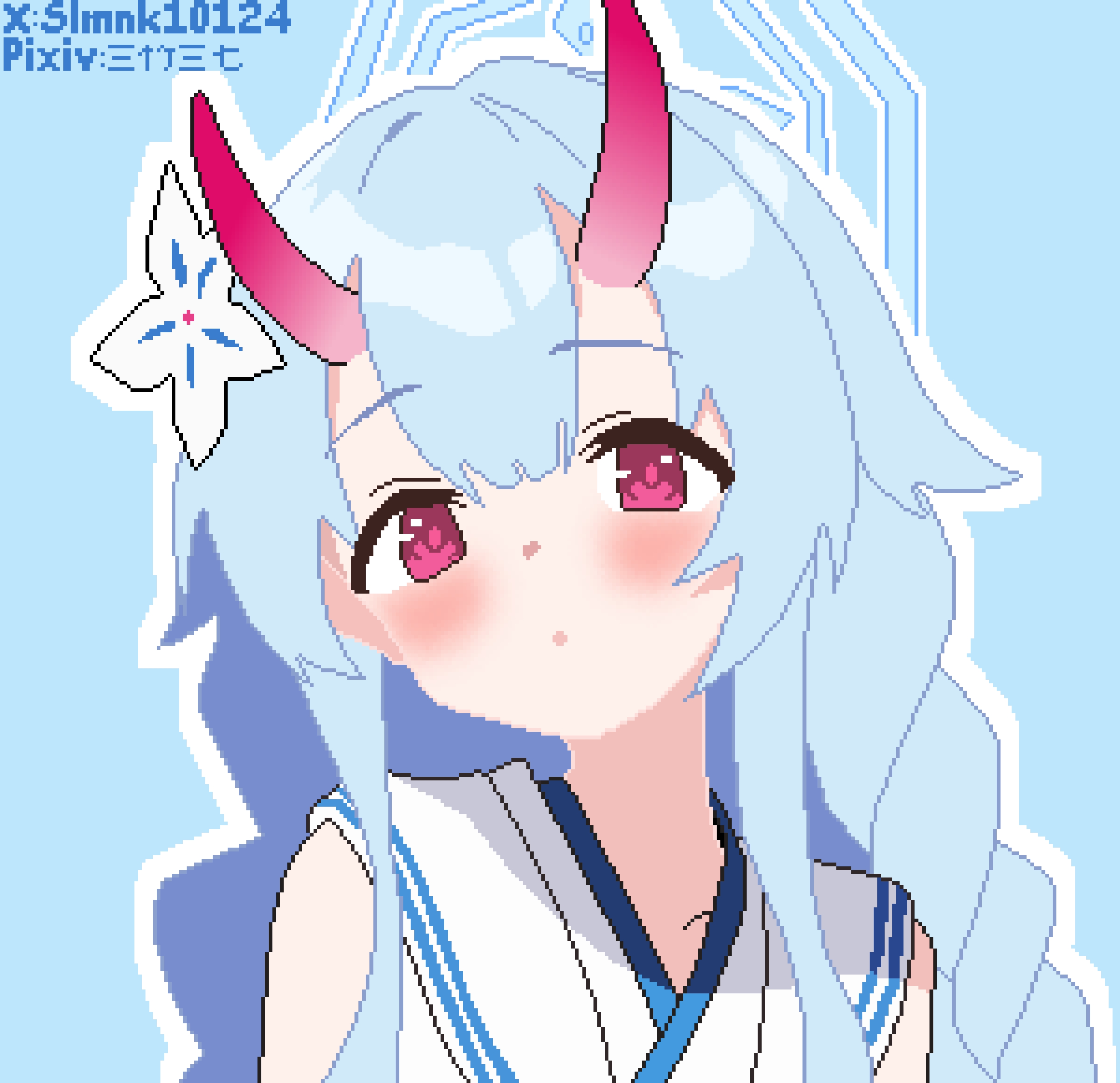 slmnk10124, chise (blue archive), blue archive, absurdres, hashtag-only commentary, highres, 1girl, :o, blue background, blue hair, blue halo, blush, double-parted bangs, flower, hair flower, hair ornament, halo, horns, japanese clothes, kimono, long hair, looking at viewer, oni, open mouth, outline, pink eyes, pixel art, portrait, sideless kimono, simple background, skin-covered horns, solo, white kimono, white outline