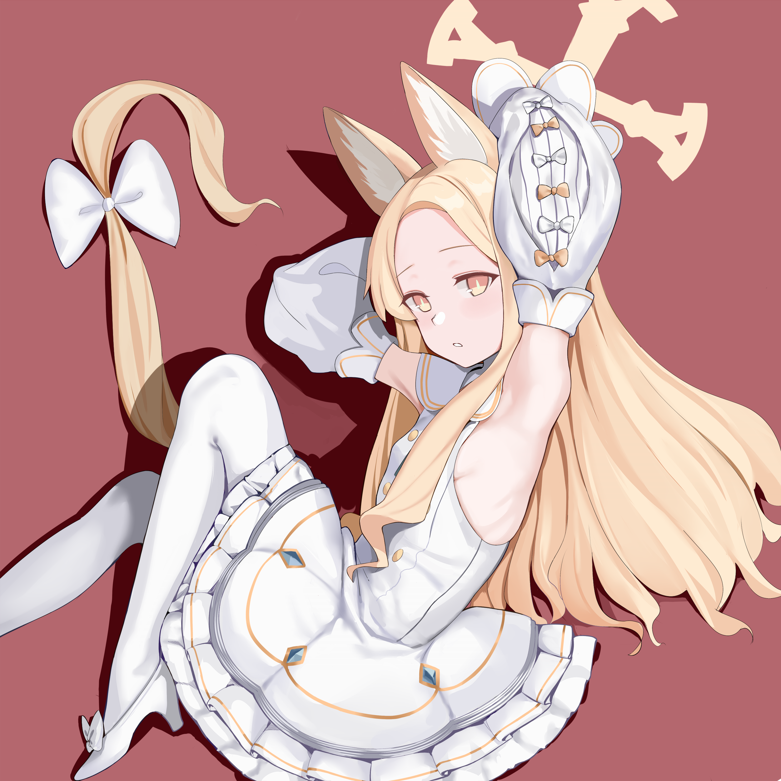 hoshiya takahito, seia (blue archive), blue archive, absurdres, commentary, highres, 1girl, animal ears, arm behind head, arms up, bare shoulders, blonde hair, bow, buttons, curled up, detached sleeves, double-breasted, dress, expressionless, foot out of frame, forehead, fox ears, fox tail, frilled dress, frills, from side, halo, high heels, long hair, looking at viewer, looking to the side, lying, on side, pantyhose, parted lips, red background, sailor collar, school uniform, shadow, shoes, simple background, solo, tail, tail bow, tail ornament, white bow, white dress, white pantyhose, white sailor collar, white shoes, yellow eyes, yellow halo