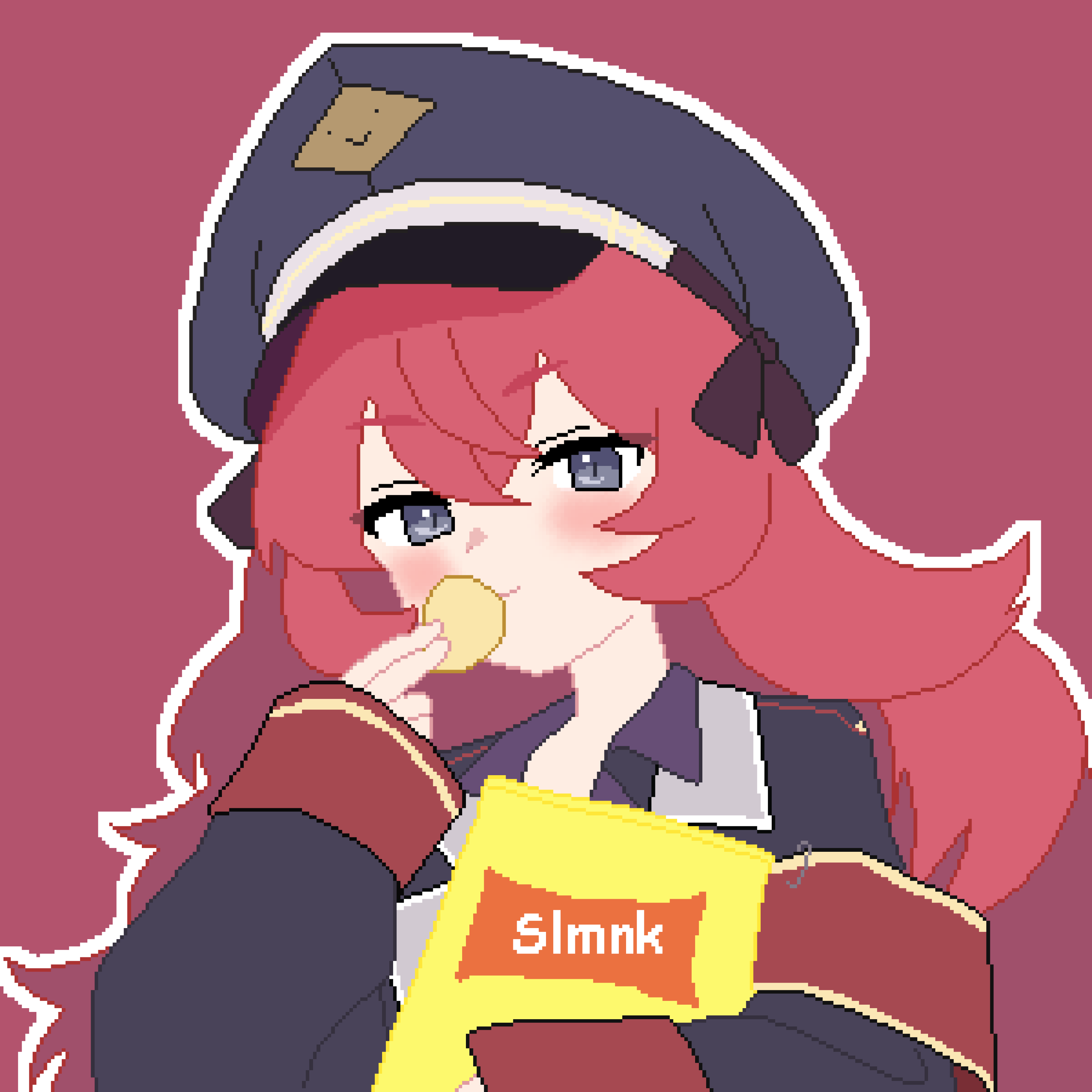 slmnk10124, iroha (blue archive), blue archive, absurdres, hashtag-only commentary, highres, 1girl, armband, black hat, black jacket, blush, chips (food), closed mouth, double-parted bangs, eating, food, grey eyes, hair between eyes, hat, holding, holding food, jacket, long hair, long sleeves, looking at viewer, no halo, outline, peaked cap, pixel art, red armband, red background, red hair, simple background, solo, upper body, white outline