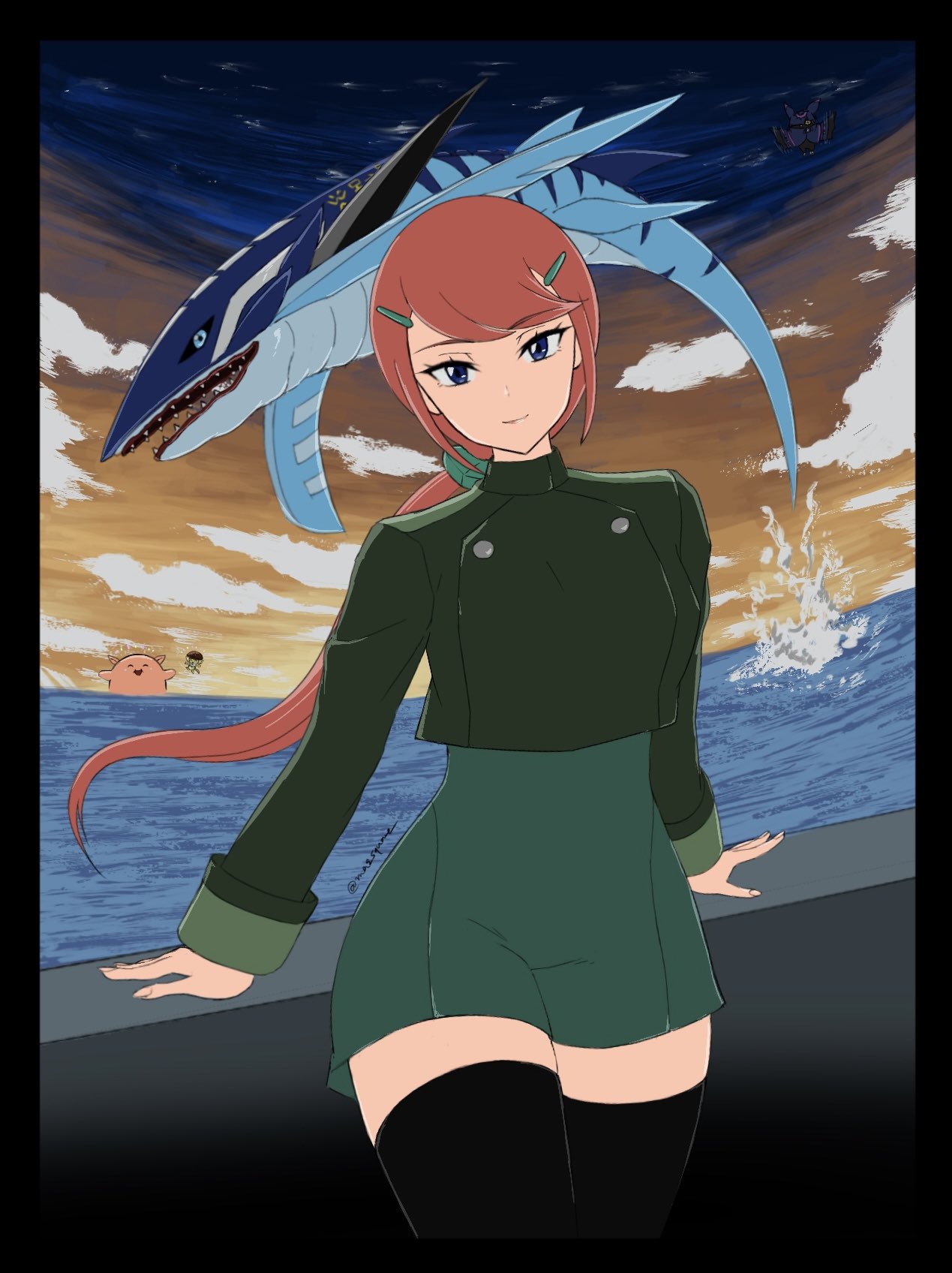 mas square, burgamon, burpmon, chiropmon, kanuma hotaruko, tylomon, digimon, digimon beatbreak, digimon (creature), hair ornament, hairpin, long hair, looking at viewer, ponytail, smile