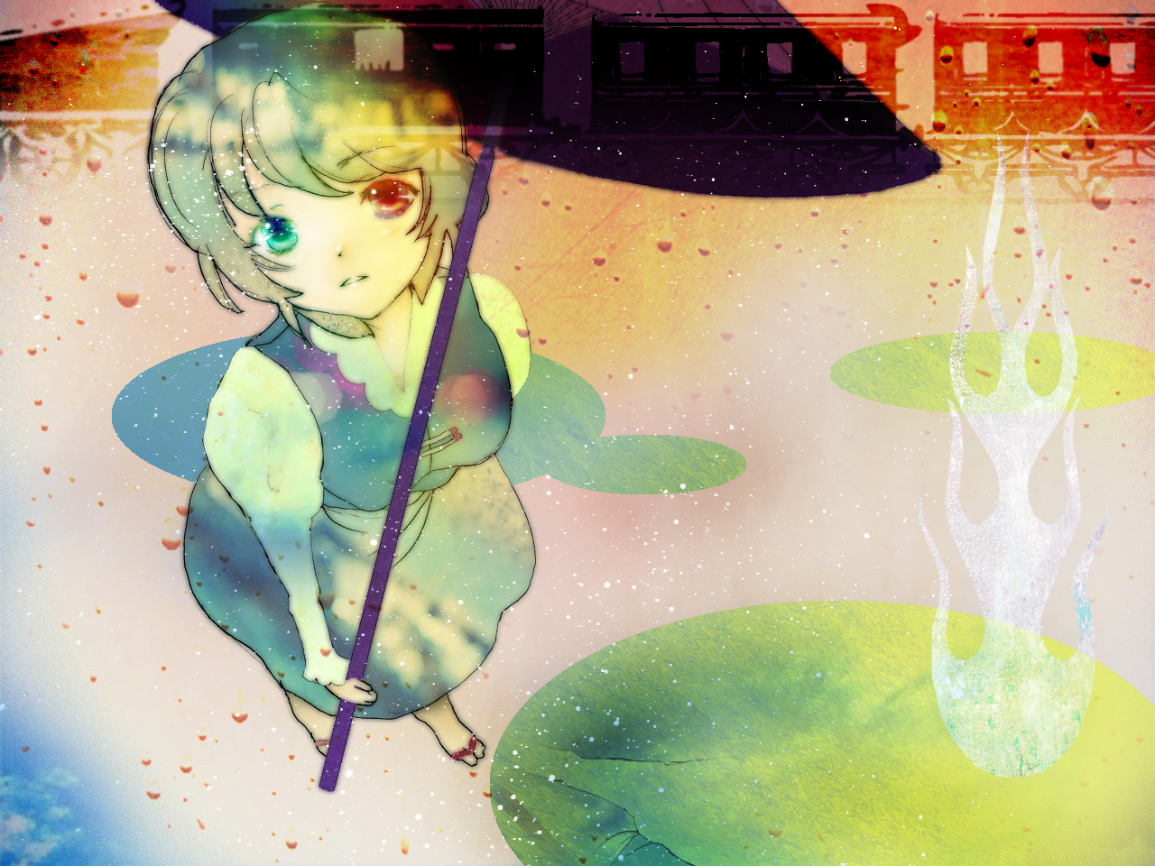 ranko no ane, tatara kogasa, touhou, 1girl, blue hair, female focus, full body, heterochromia, plant, solo, standing, train, umbrella