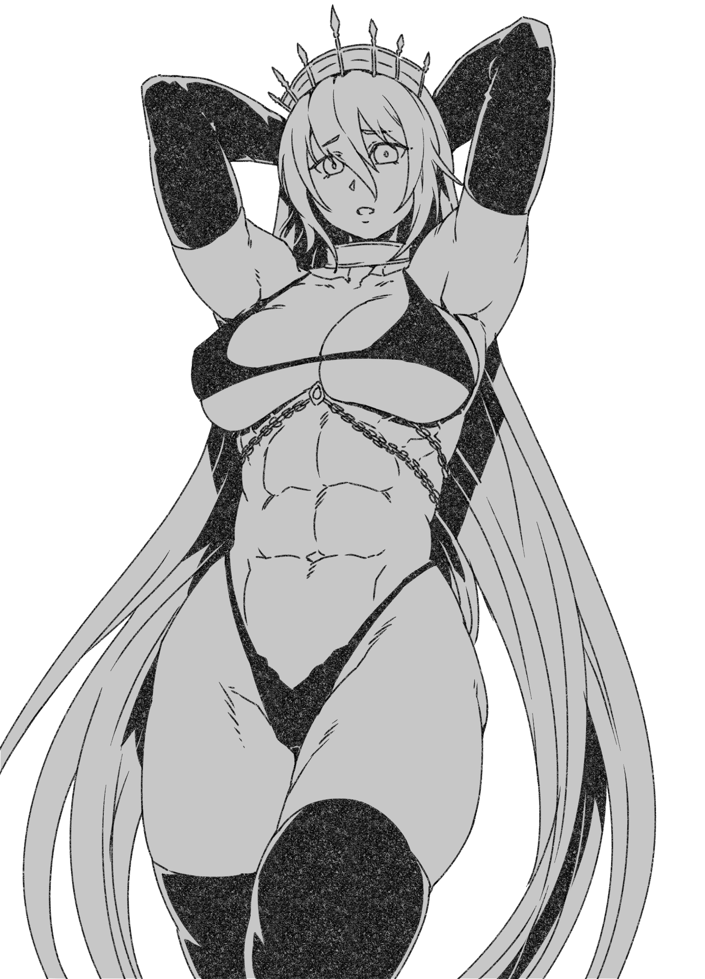 minew, zenobia (fate), fate/grand order, fate (series), commentary request, highres, korean commentary, 1girl, abs, armpits, arms behind head, arms up, bare shoulders, bikini, breasts, chain, cleavage, crown, elbow gloves, gloves, greyscale, highleg, highleg bikini, jewelry, large breasts, long hair, looking at viewer, monochrome, navel, neck ring, parted lips, solo, swimsuit, thighhighs, thighs, toned, toned female, very long hair