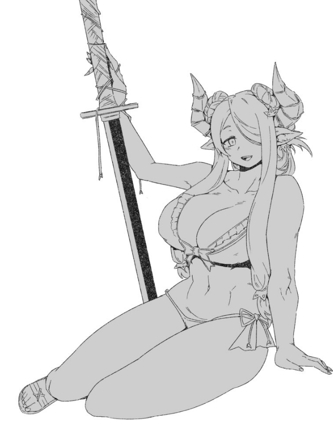 minew, narmaya (granblue fantasy), narmaya (summer) (granblue fantasy), granblue fantasy, commentary request, korean commentary, 1girl, bare shoulders, bikini, blush, breasts, cleavage, draph, greyscale, hair ornament, hair over one eye, horns, katana, large breasts, long hair, looking at viewer, monochrome, navel, pointy ears, sidelocks, solo, swept bangs, swimsuit, sword, weapon