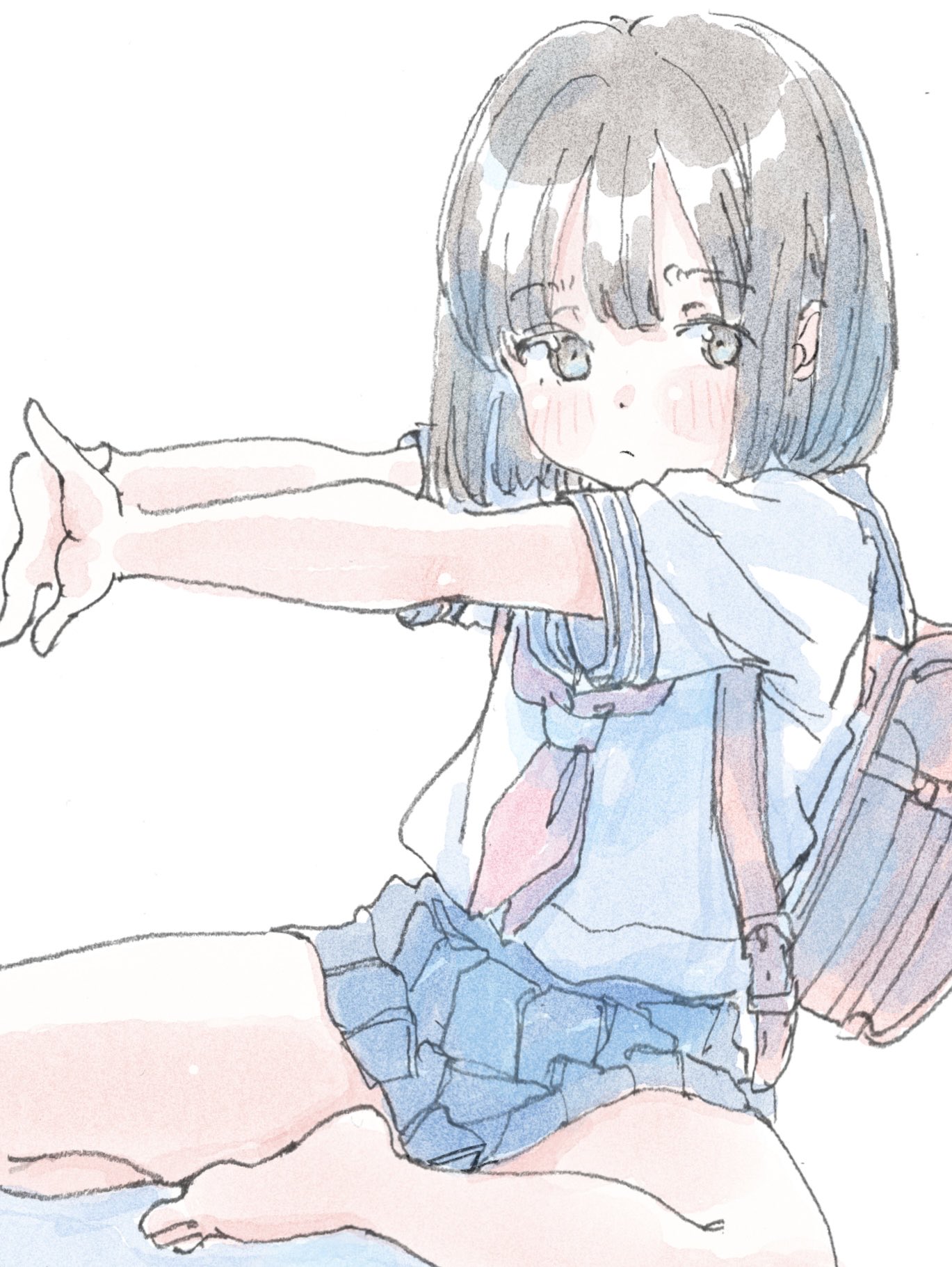 poranka (porankaran), original, highres, 1girl, :/, backpack, bag, blue skirt, blunt bangs, bob cut, brown eyes, brown hair, dot nose, double-parted bangs, expressionless, feet out of frame, interlocked fingers, looking at viewer, neckerchief, outstretched arms, pleated skirt, randoseru, red bag, red neckerchief, school bag, school uniform, serafuku, short hair, simple background, sitting, skirt, solo, stretching, white background