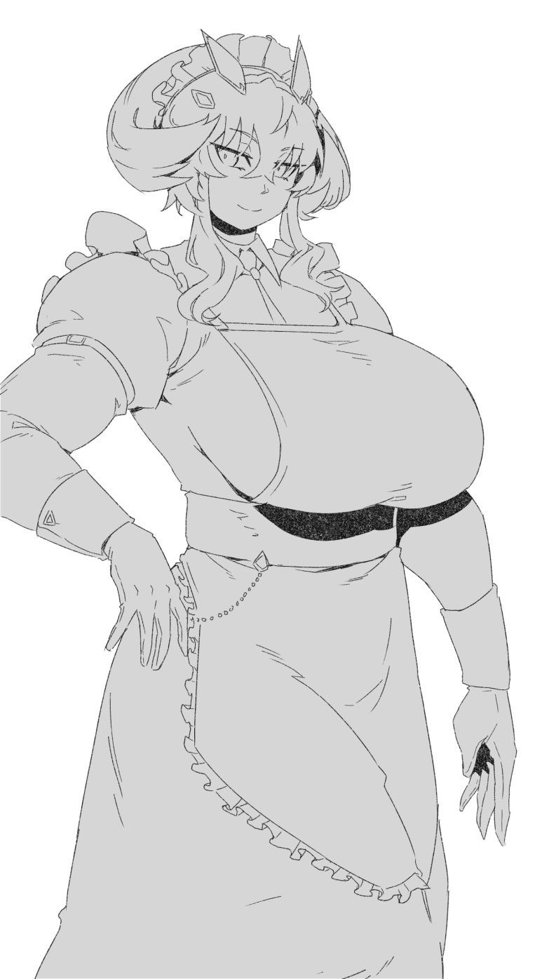 minew, barghest (fate), barghest (swimsuit archer) (second ascension) (fate), fate/grand order, fate (series), commentary request, highres, korean commentary, 1girl, apron, breasts, collared dress, dress, greyscale, horns, huge breasts, long sleeves, looking at viewer, maid, maid headdress, medium hair, monochrome, solo, thighs