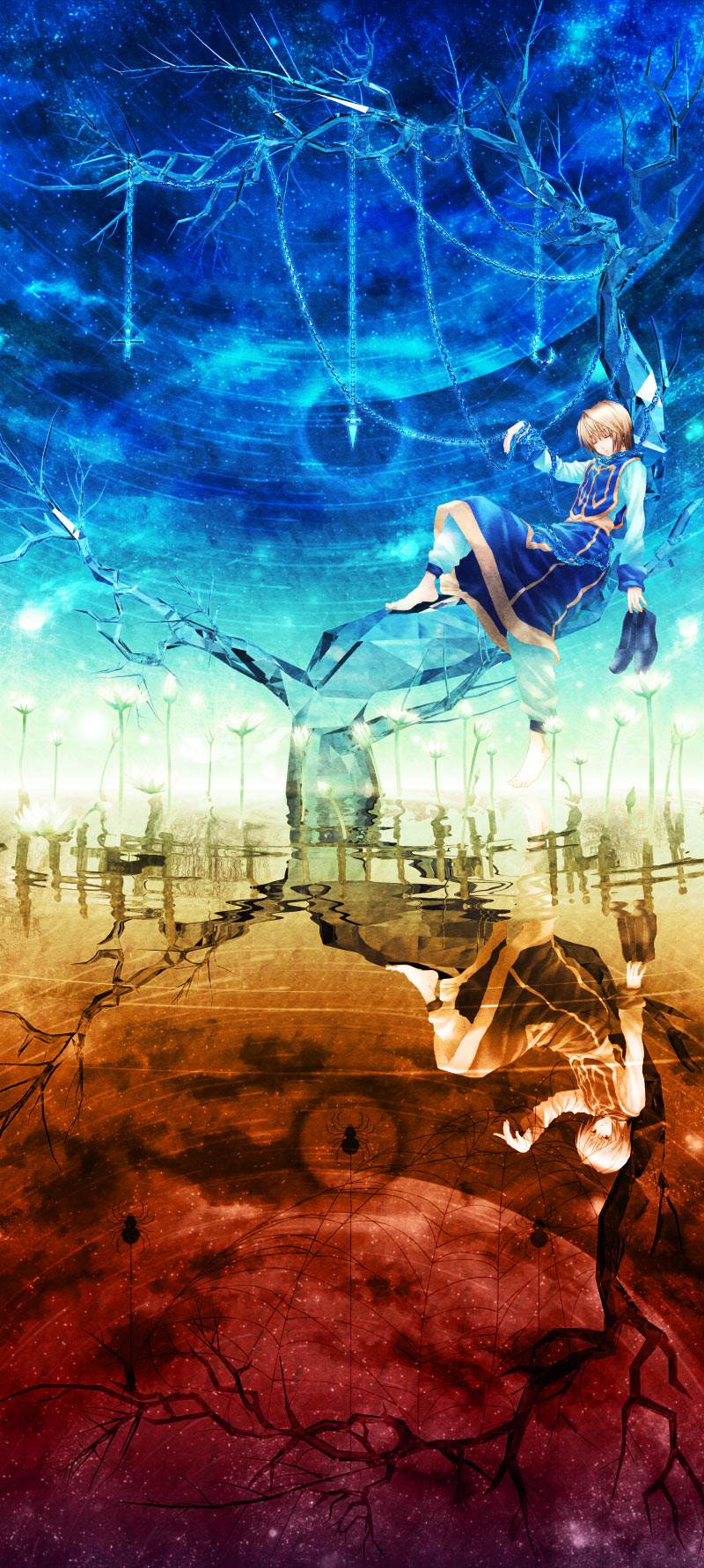 ritttz, kurapika, hunter x hunter, bad id, bad pixiv id, highres, 1boy, blonde hair, chain, male focus, reflected worlds, reflection, short hair, silk, sleeping, spider web, tree