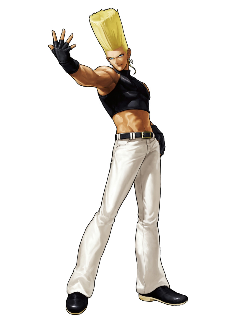 ogura eisuke, nikaido benimaru, nikaidou benimaru, king of fighters xiii, snk, the king of fighters, the king of fighters xiii, official art, 1boy, belt, blonde hair, fingerless gloves, gloves, male focus, solo
