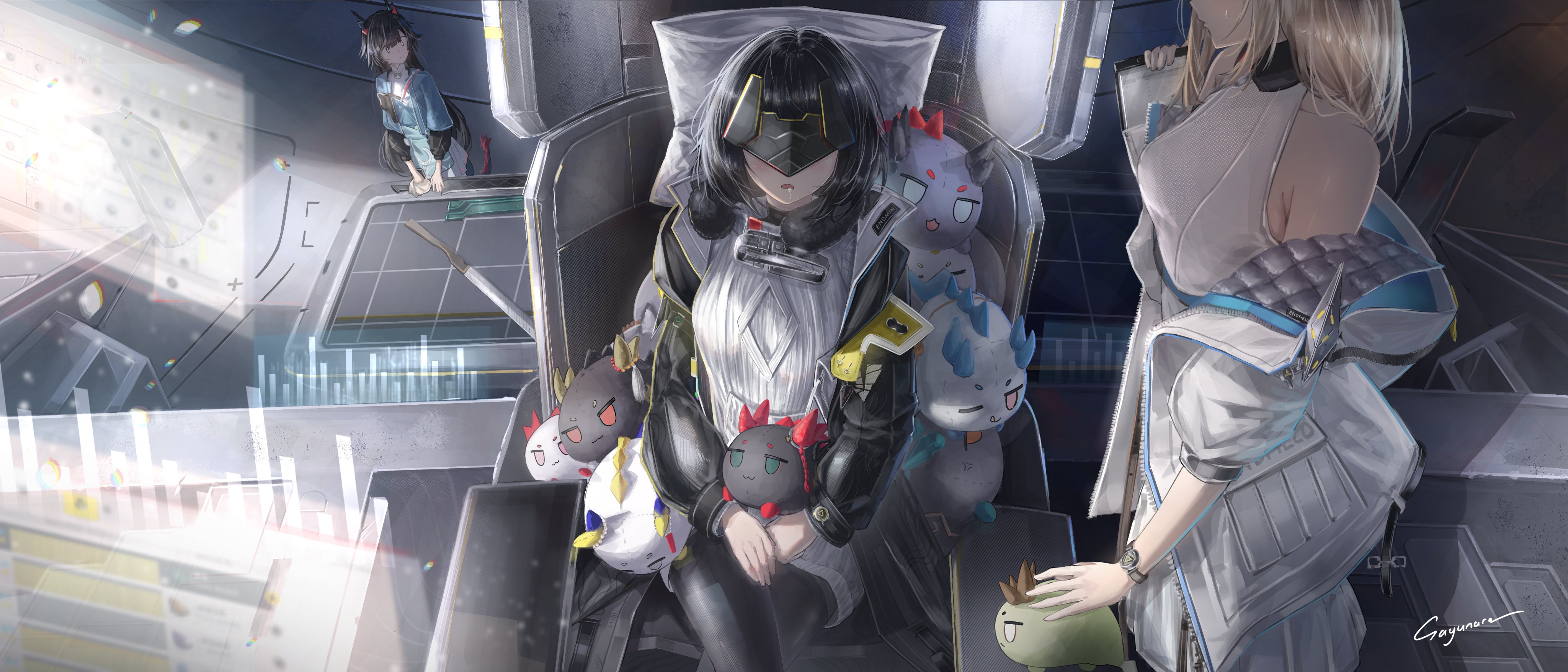 shi3, chen qianyu (arknights), chongyue (arknights), dusk (arknights), endministrator (arknights), female endministrator (arknights), ling (arknights), nian (arknights), perlica (arknights), shu (arknights), yu (arknights), arknights, arknights: endfield, absurdres, commentary request, highres, 0 0, 3girls, animal ears, bare shoulders, bird ears, bird girl, black coat, black hair, black pantyhose, blue jacket, chain, clipboard, coat, dragon bean (arknights), dragon girl, dragon horns, dragon tail, dress, drooling, eye mask, grey sweater, holding, holding clipboard, horns, jacket, jacket partially removed, long hair, mask, multiple girls, open clothes, open coat, pantyhose, pillow, signature, sleeveless, sleeveless dress, sweater, tail, twintails, white dress, white jacket