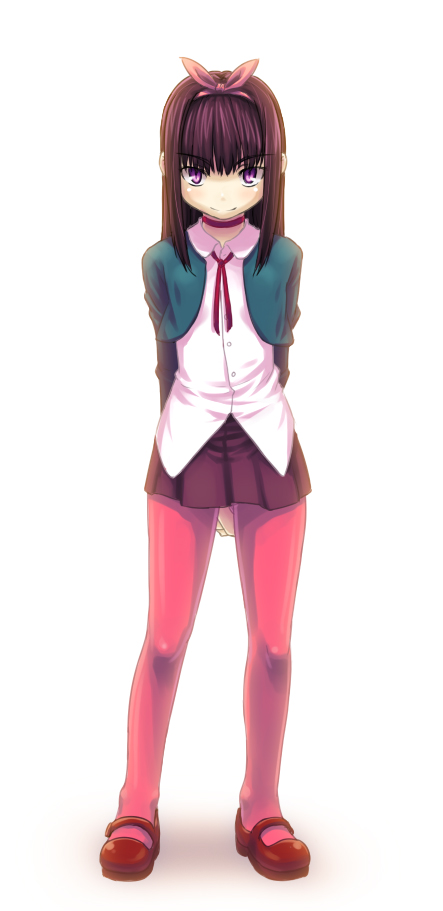 ardnades, original, 1girl, black hair, brown skirt, child, female focus, full body, gradient background, legs, long hair, mary janes, pantyhose, pink pantyhose, pleated skirt, purple eyes, red shoes, shirt, shoes, simple background, skirt, smile, solo, standing, white background, white shirt