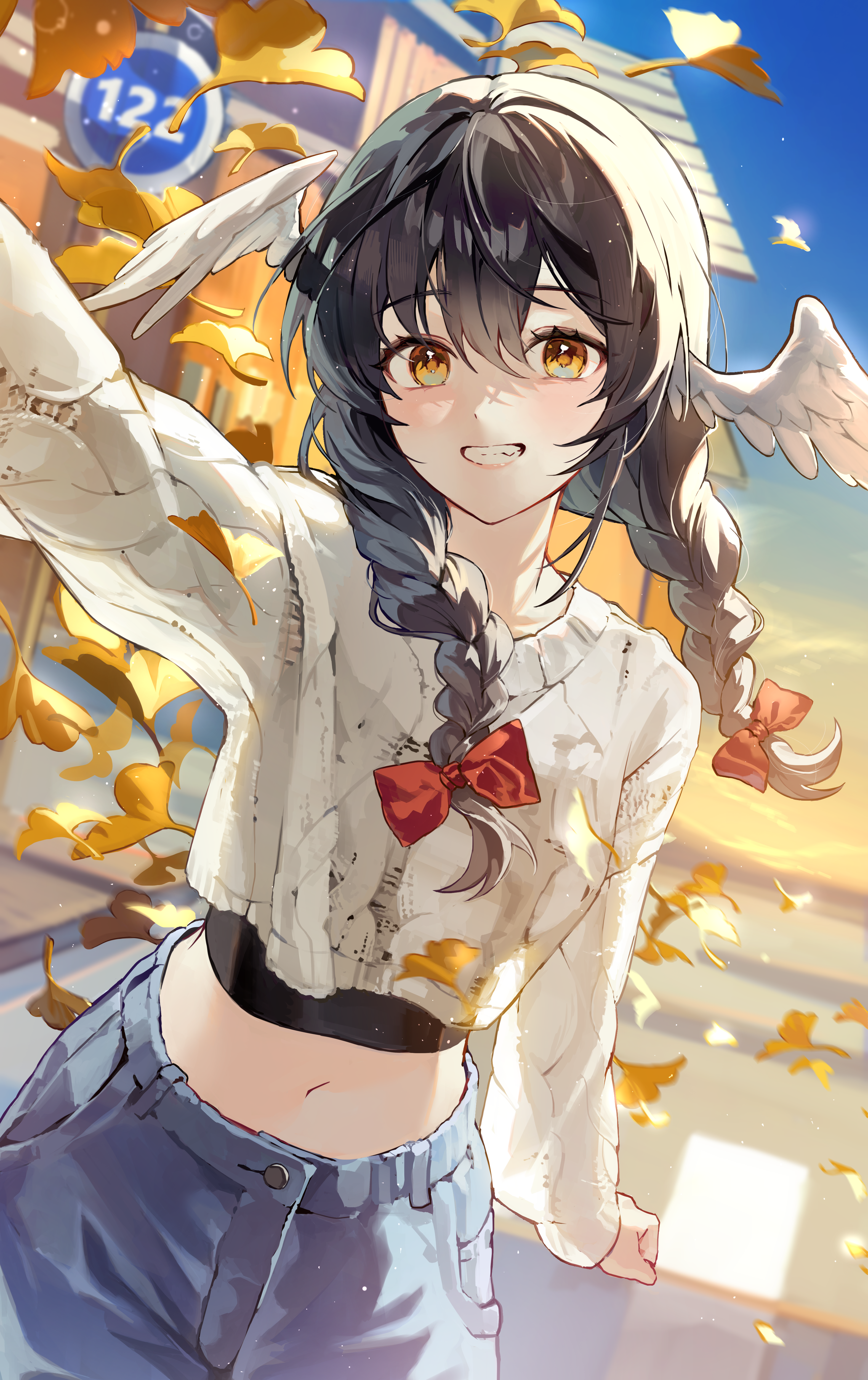 unwoo770122, original, absurdres, commentary, highres, 1girl, black hair, blue pants, blurry, blurry background, bow, braid, cowboy shot, crop top, crosswalk, feathered wings, ginkgo leaf, grin, hair between eyes, hair bow, head wings, leaf, looking at viewer, medium hair, midriff, orange eyes, pants, red bow, smile, solo, standing, sweater, swept bangs, twin braids, white sweater, white wings, wings