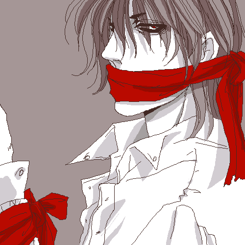 solid&etc, alucard (hellsing), hellsing, lowres, non-web source, 1boy, black hair, bound, dress shirt, looking at viewer, male focus, monochrome, oekaki, red eyes, ribbon, shirt, solo, tied up (nonsexual), vampire