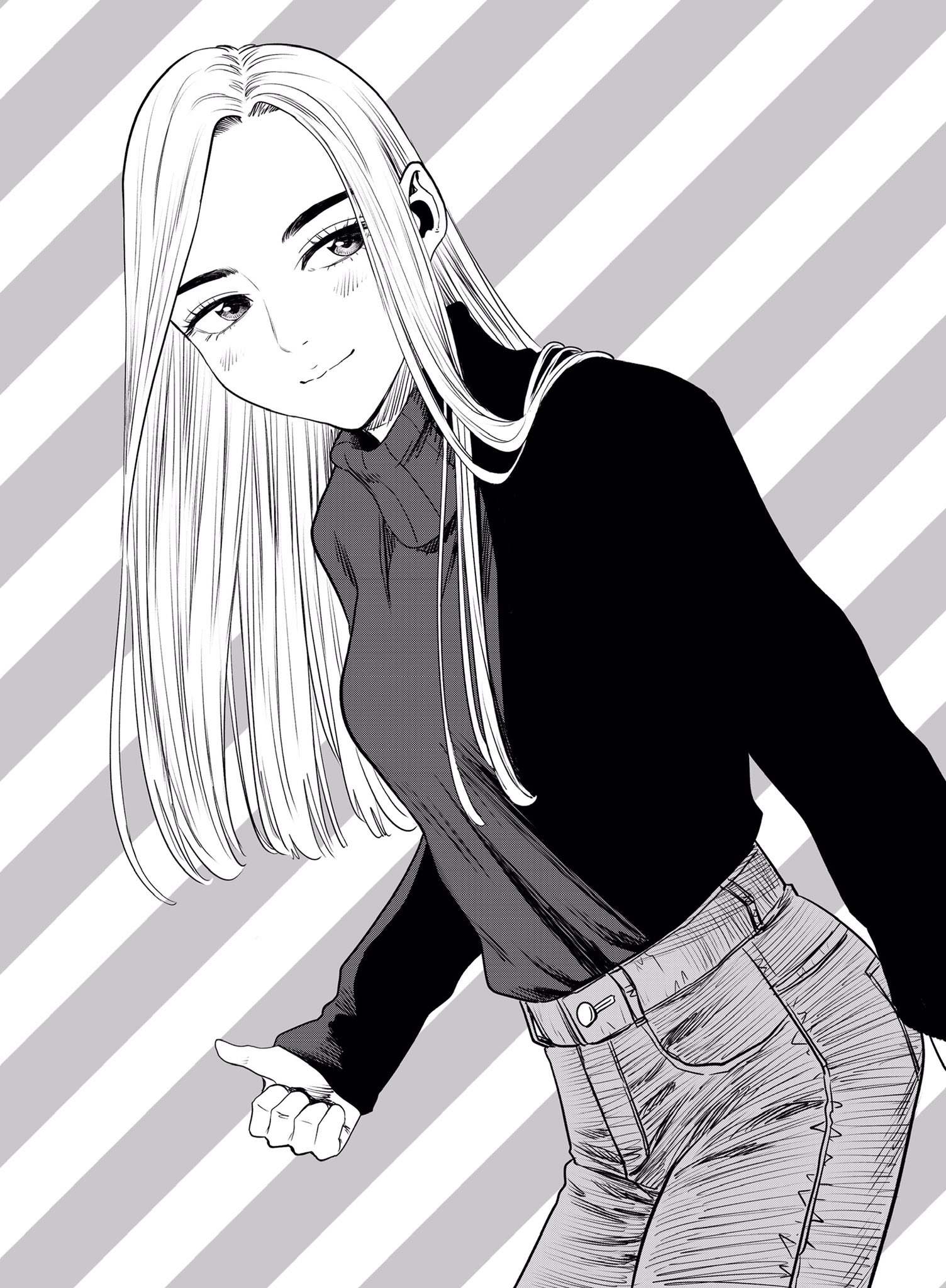 lee (dragon garou), original, commentary, highres, symbol-only commentary, 1girl, breasts, cowboy shot, denim, diagonal-striped background, forehead, greyscale, jeans, leaning forward, long hair, medium breasts, monochrome, pants, sleeves past wrists, smile, solo, striped background, sweater, thumbs up, turtleneck, turtleneck sweater