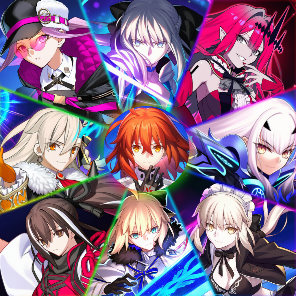 aesc (fate), aesc (savior) (fate), artoria pendragon (fate), baobhan sith (fate), baobhan sith (first ascension) (fate), fujimaru ritsuka (female), fujimaru ritsuka (female) (decisive battle chaldea uniform), kawakami gensai (fate), kawakami gensai (first ascension) (fate), medusa (fate), medusa (saber) (fate), medusa (saber) (first ascension) (fate), melusine (fate), melusine (second ascension) (fate), morgan le fay (fate), morgan le fay (second ascension) (fate), olga marie animusphere, olga marie animusphere (unbeast), saber alter, saber alter (swimsuit rider) (first ascension), fate/grand order, fate (series), commentary request, revision, 6+girls, ahoge, armor, bikini, black bikini, black gloves, black hair, blonde hair, blue eyes, breasts, brown eyes, d12-nelth, detached sleeves, earrings, gloves, grey eyes, hair ribbon, hand up, hat, jewelry, maid, maid headdress, multiple girls, orange eyes, orange gloves, orange hair, pink hair, pointy ears, portrait, possessed, purple eyes, purple hair, ribbon, sidelocks, smile, sunglasses, swimsuit, white hair, yellow eyes