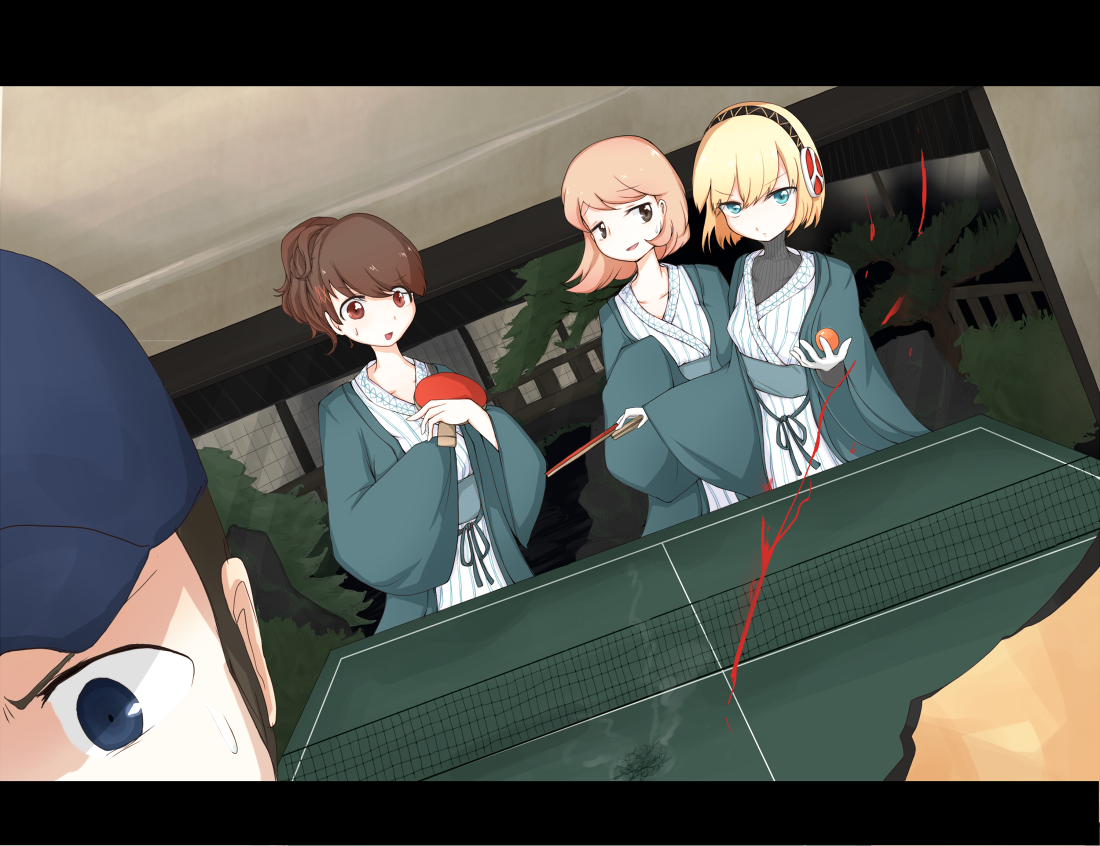 gumi (prrrrrrrart), aigis (persona), iori junpei, shiomi kotone, takeba yukari, atlus, persona, persona 3, persona 3 portable, bad id, bad pixiv id, 1boy, 3girls, alternate costume, android, black hair, blonde hair, blue eyes, brown eyes, brown hair, hanten (clothes), hat, japanese clothes, kimono, letterboxed, multiple girls, paddle, red eyes, short hair, smoke, sweatdrop, table, table tennis, table tennis paddle, turtleneck, yukata