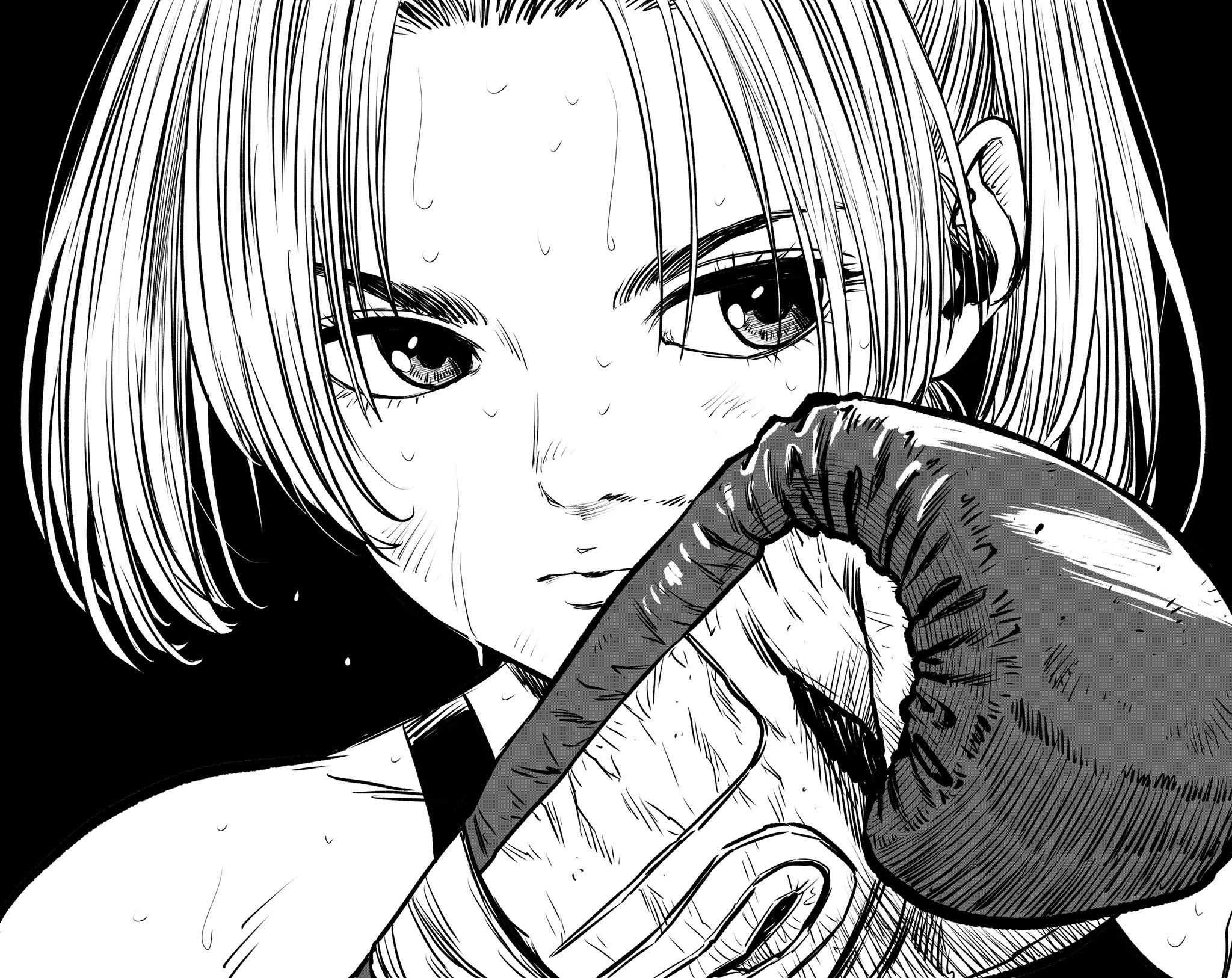 lee (dragon garou), original, commentary request, highres, 1girl, boxing gloves, close-up, forehead, greyscale, hatching (texture), light frown, lips, monochrome, ponytail, portrait, serious, sideways glance, solo, sports bra, sweat, very sweaty