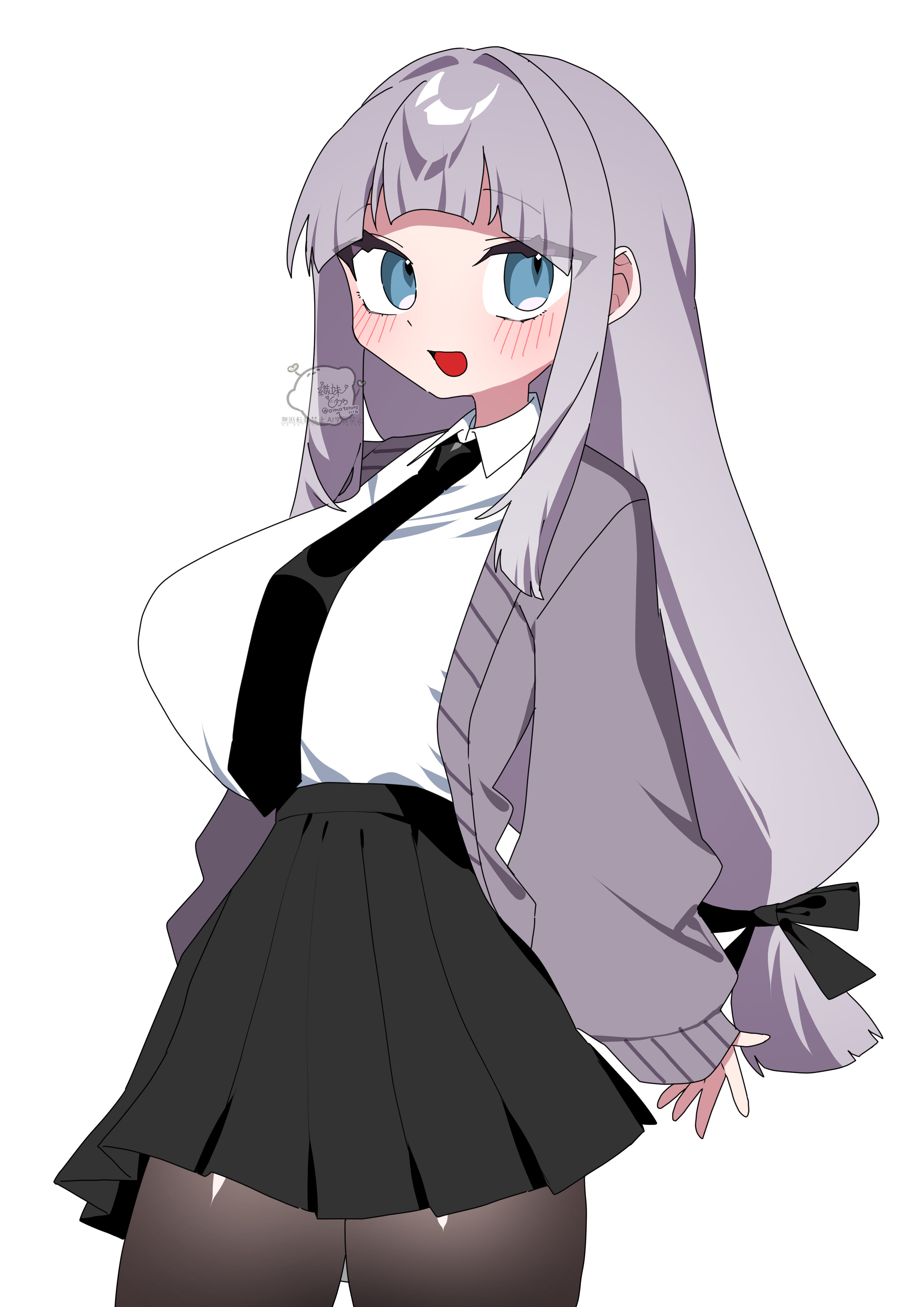 oimotororo1116, original, absurdres, commentary request, highres, :d, arched bangs, black necktie, black pantyhose, black skirt, blue eyes, blunt bangs, blush, breasts, cardigan, center-flap bangs, collared shirt, cowboy shot, happy, huge breasts, long hair, long sidelocks, looking at viewer, necktie, open cardigan, open clothes, open mouth, pantyhose, pleated skirt, purple cardigan, purple hair, school uniform, shirt, sidelocks, signature, simple background, skirt, smile, standing, tachibana (oimotororo1116), thick eyelashes, white background, white shirt