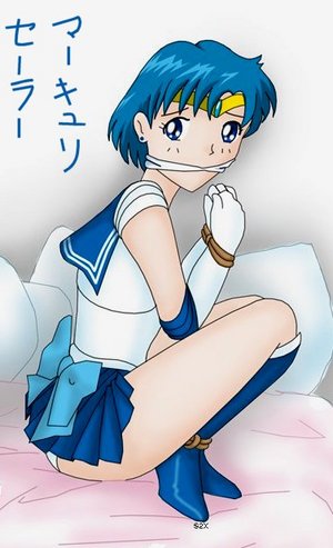 mizuno ami, sailor mercury, bishoujo senshi sailor moon, lowres, non-web source, 1990s (style), 1girl, bdsm, blue eyes, blue hair, bondage, boots, bound, female focus, magical girl, matching hair/eyes, retro artstyle, shibari, short hair, solo, tiara
