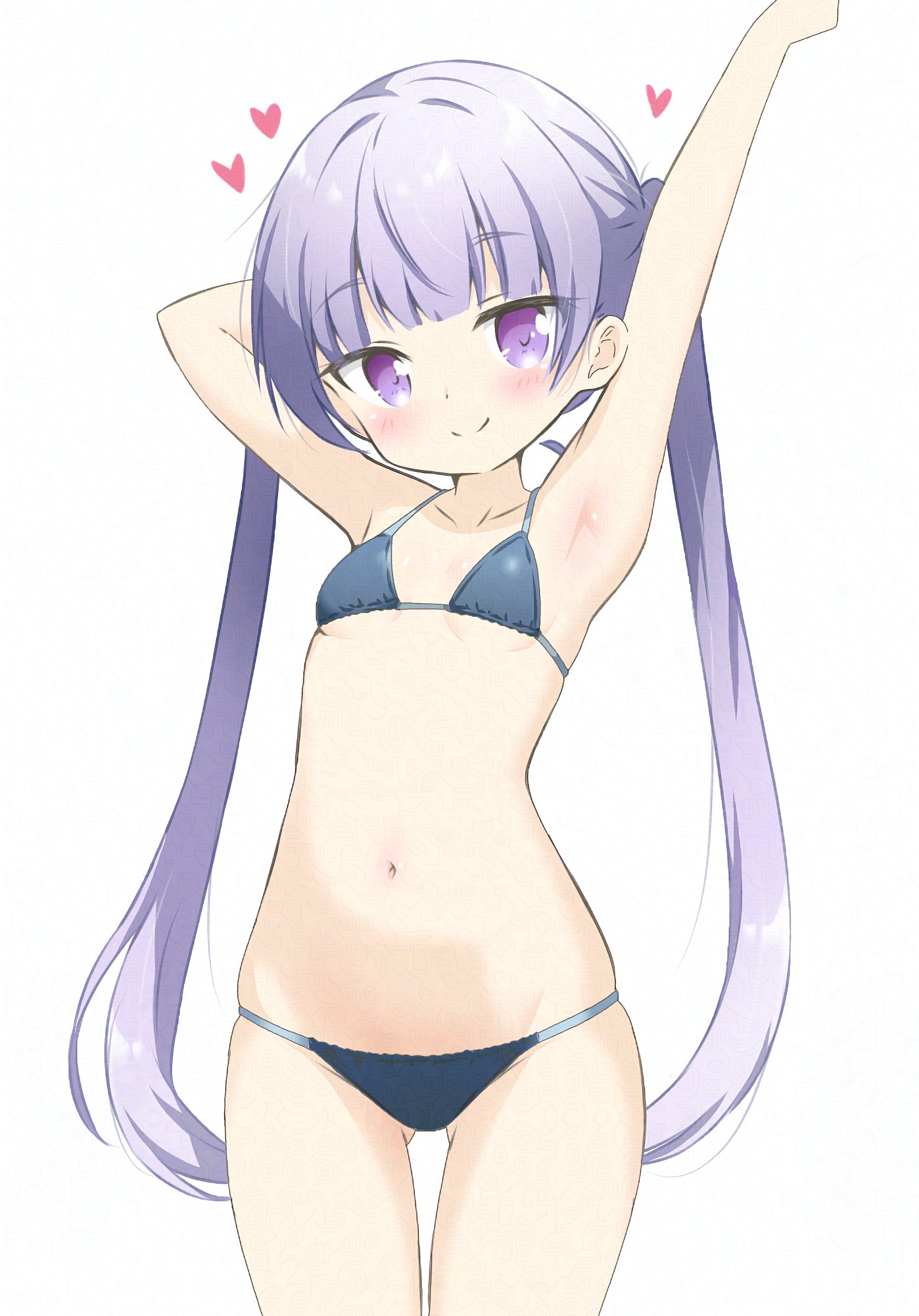 hitorilily, suzukaze aoba, new game!, check commentary, commentary request, highres, 1girl, arm behind head, armpits, bare arms, bikini, blue bikini, blush, breasts, collarbone, cowboy shot, dot nose, gluteal fold, heart, long hair, looking at viewer, navel, purple eyes, purple hair, simple background, small breasts, smile, solo, stomach, stretching, swimsuit, twintails, white background