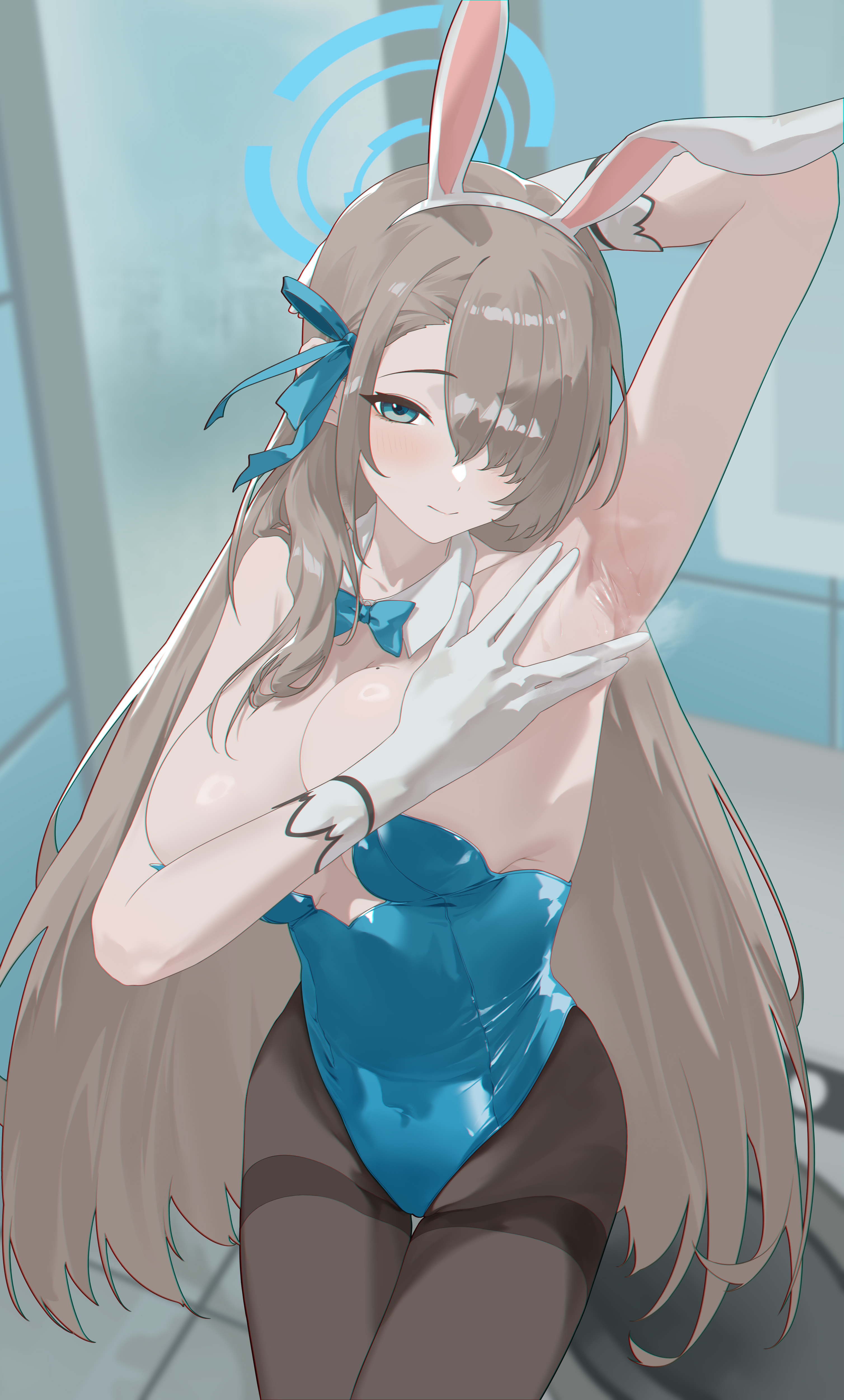 wuhumihu, asuna (blue archive), asuna (bunny) (blue archive), blue archive, absurdres, commentary request, highres, 1girl, animal ear hairband, animal ears, armpits, bare shoulders, blonde hair, blue bow, blue bowtie, blue eyes, blue halo, blue leotard, blush, bow, bowtie, breasts, cleavage, detached collar, fake animal ears, gloves, hair over one eye, hairband, halo, large breasts, leotard, long hair, looking at viewer, mole, mole on breast, pantyhose, playboy bunny, presenting armpit, rabbit ear hairband, rabbit ears, smile, solo, spread armpit, thighband pantyhose, very long hair, white gloves