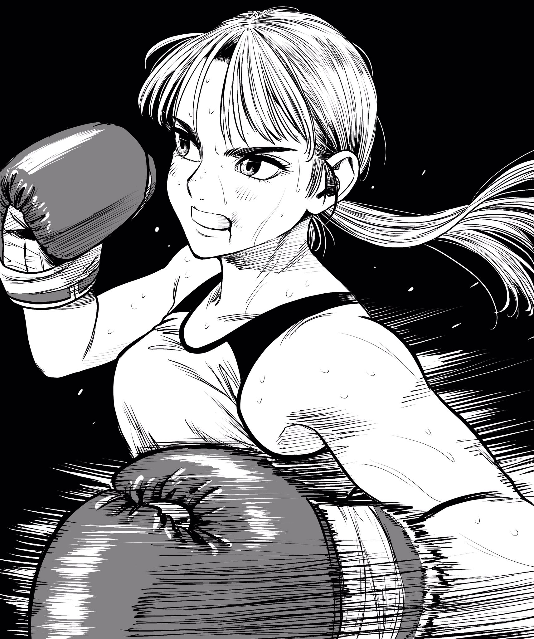 lee (dragon garou), original, commentary request, highres, 1girl, blood, blood from mouth, boxing, boxing gloves, breasts, flying sweatdrops, from side, greyscale, light blush, long hair, low ponytail, medium breasts, monochrome, mouth guard, ponytail, punching, serious, solo, sports bra, sweat, upper body, very sweaty
