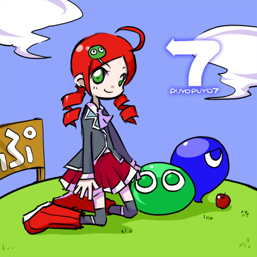 andou ringo, madou monogatari, puyopuyo, lowres, cloud, kneeling, red hair, sign