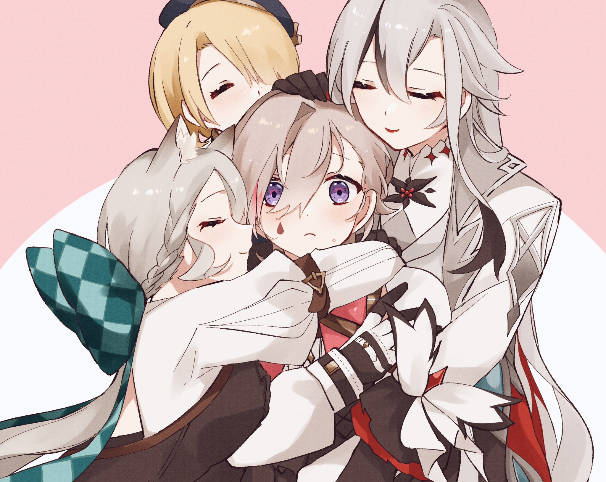 nekorin chu, arlecchino (genshin impact), freminet (genshin impact), lynette (genshin impact), lyney (genshin impact), genshin impact, commentary request, highres, 2boys, 2girls, animal ear fluff, animal ears, aqua bow, beret, black corset, black gloves, black hair, black hat, blonde hair, blush, bow, bowtie, braid, brother and sister, brothers, cat ears, closed eyes, closed mouth, corset, crossed bangs, eyelashes, facial mark, freckles, frown, gloves, grey hair, grey jacket, group hug, hair between eyes, hair bow, hair over one eye, hand on another's head, hat, hug, jacket, juliet sleeves, lapels, long hair, long sleeves, looking at viewer, low ponytail, multicolored gloves, multicolored hair, multiple boys, multiple girls, one eye covered, open clothes, open jacket, parted bangs, pink background, ponytail, puffy sleeves, purple eyes, red bow, red bowtie, red streaks, shirt, short hair, shrug (clothing), siblings, sidelocks, single braid, sleeveless, sleeveless shirt, smile, streaked hair, swept bangs, teardrop facial mark, twins, two-tone background, two-tone gloves, u u, very long hair, white background, white gloves, white hair, white shirt, white shrug