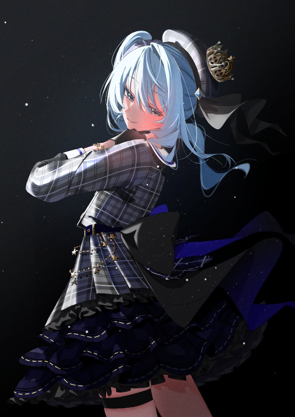 hoshimachi suisei, hoshimachi suisei (1st costume), hololive, commentary request, highres, 1girl, aoioekaki02, belt, beret, black gloves, black ribbon, blue belt, blue eyes, blue hair, blue ribbon, bracelet, closed mouth, cowboy shot, crown, dot nose, dress, frilled skirt, frills, gloves, grey hat, hair between eyes, hat, jewelry, long sleeves, looking back, mini crown, plaid clothes, plaid dress, plaid hat, ribbon, skirt, smile, solo, standing, star (sky), star (symbol), star in eye, starry sky background, starry sky print, symbol in eye, virtual youtuber