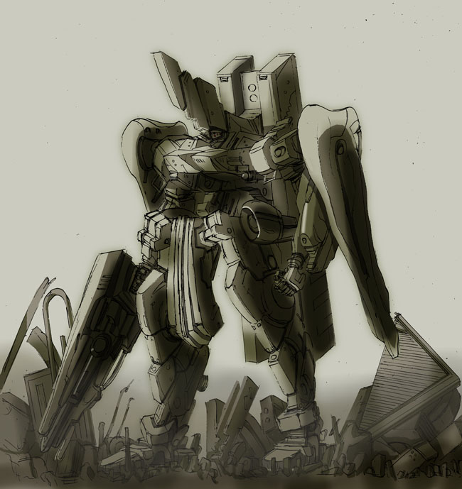 armored core, fromsoftware, tagme, gun, mecha, monochrome, no humans, robot, ruins, solo, weapon