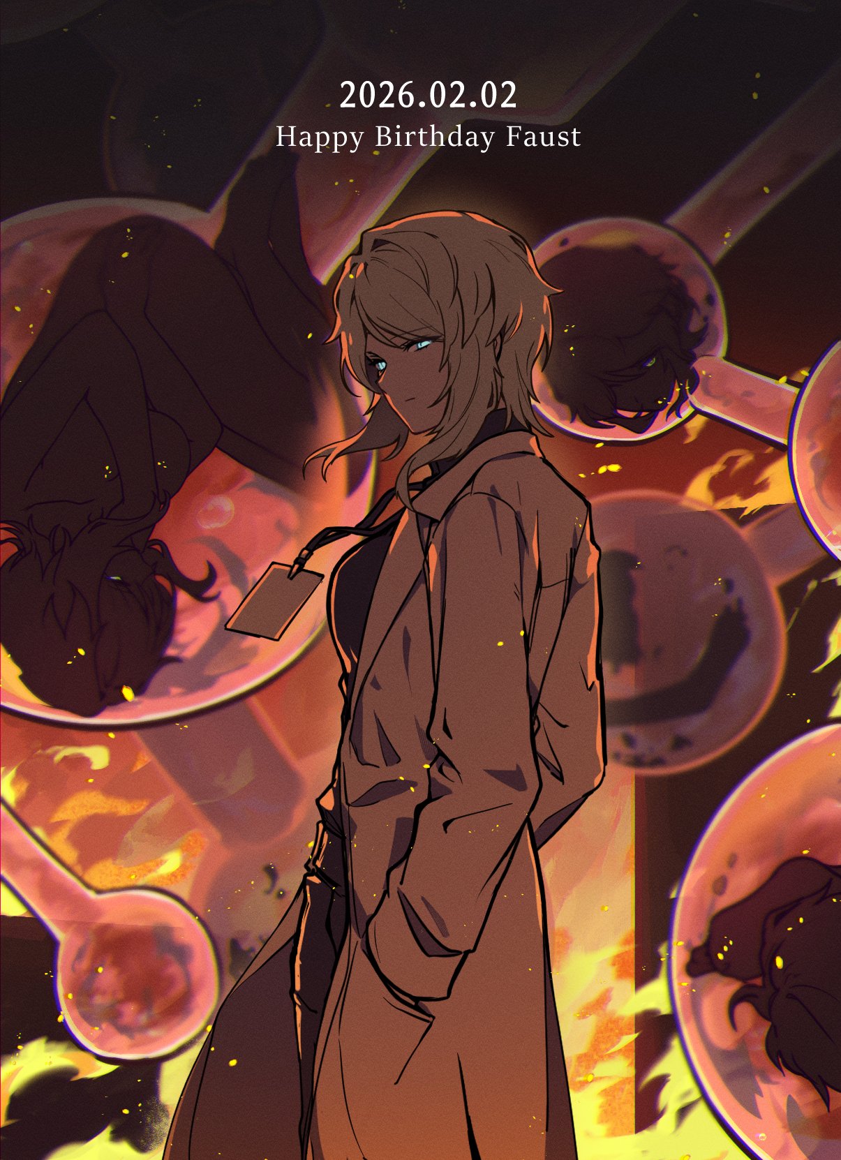 rmenssari, faust (project moon), limbus company, project moon, commentary, english commentary, highres, 1girl, 3others, blue eyes, closed mouth, coat, dated, eyelashes, fire, flask, hand in pocket, happy birthday, lanyard, looking at viewer, medium hair, multiple others, solo focus, standing, white coat, white hair