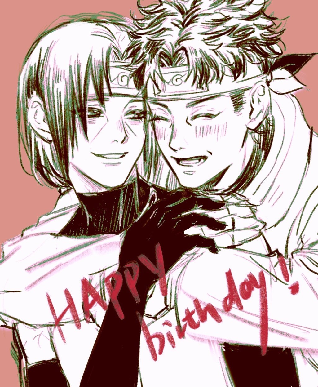 momoyoru1, uchiha itachi, uchiha shisui, naruto (series), naruto shippuuden, commentary, english commentary, highres, 2boys, blush, closed eyes, closed mouth, forehead protector, greyscale with colored background, happy, happy birthday, hug, hug from behind, konohagakure anbu uniform, konohagakure symbol, looking at another, male focus, multiple boys, parted lips, short hair, sideburns, simple background, smile, teeth, upper body, yaoi