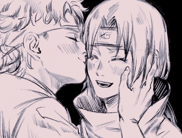momoyoru1, uchiha itachi, uchiha shisui, naruto (series), naruto shippuuden, commentary, english commentary, 2boys, akatsuki uniform, black background, blush, forehead protector, greyscale, happy, kiss, kissing cheek, konohagakure symbol, male focus, monochrome, multiple boys, open mouth, short hair, simple background, yaoi