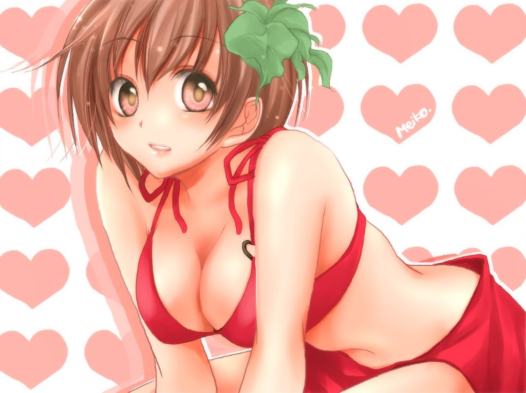 minami (taiyou no hana), meiko (vocaloid), vocaloid, 1girl, bikini, brown eyes, brown hair, female focus, heart, red bikini, sarong, short hair, solo, swimsuit