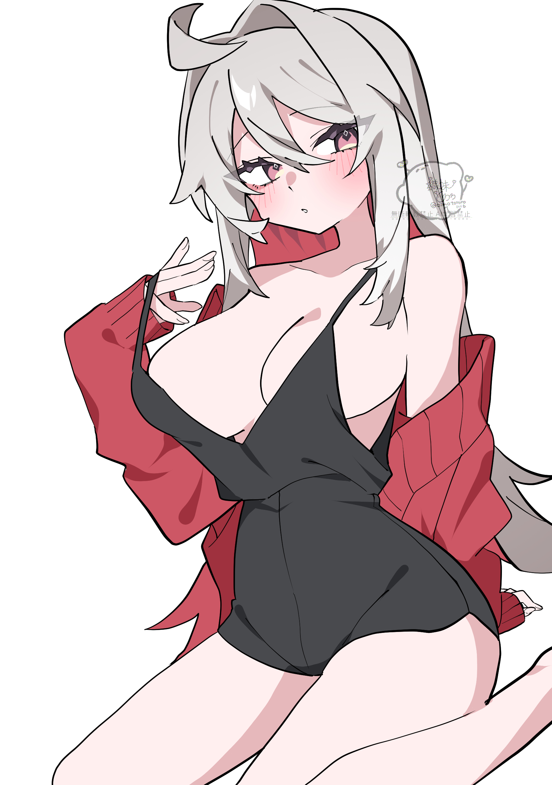 oimotororo1116, original, absurdres, commentary request, highres, 1girl, ahoge, arm behind back, arm support, bare shoulders, black dress, breasts, cardigan, cleavage, collarbone, colored inner hair, cropped legs, diamond-shaped pupils, diamond (shape), dress, grey hair, hair between eyes, hair intakes, holding strap, kneeling, large breasts, long hair, long sidelocks, looking at viewer, loose clothes, ma tai (oimotororo1116), multicolored hair, no bra, off shoulder, open cardigan, open clothes, pink eyes, red cardigan, red hair, sidelocks, signature, solo, symbol-shaped pupils, teasing, thick eyelashes, thighs, tsurime, undressing, unkempt, white background