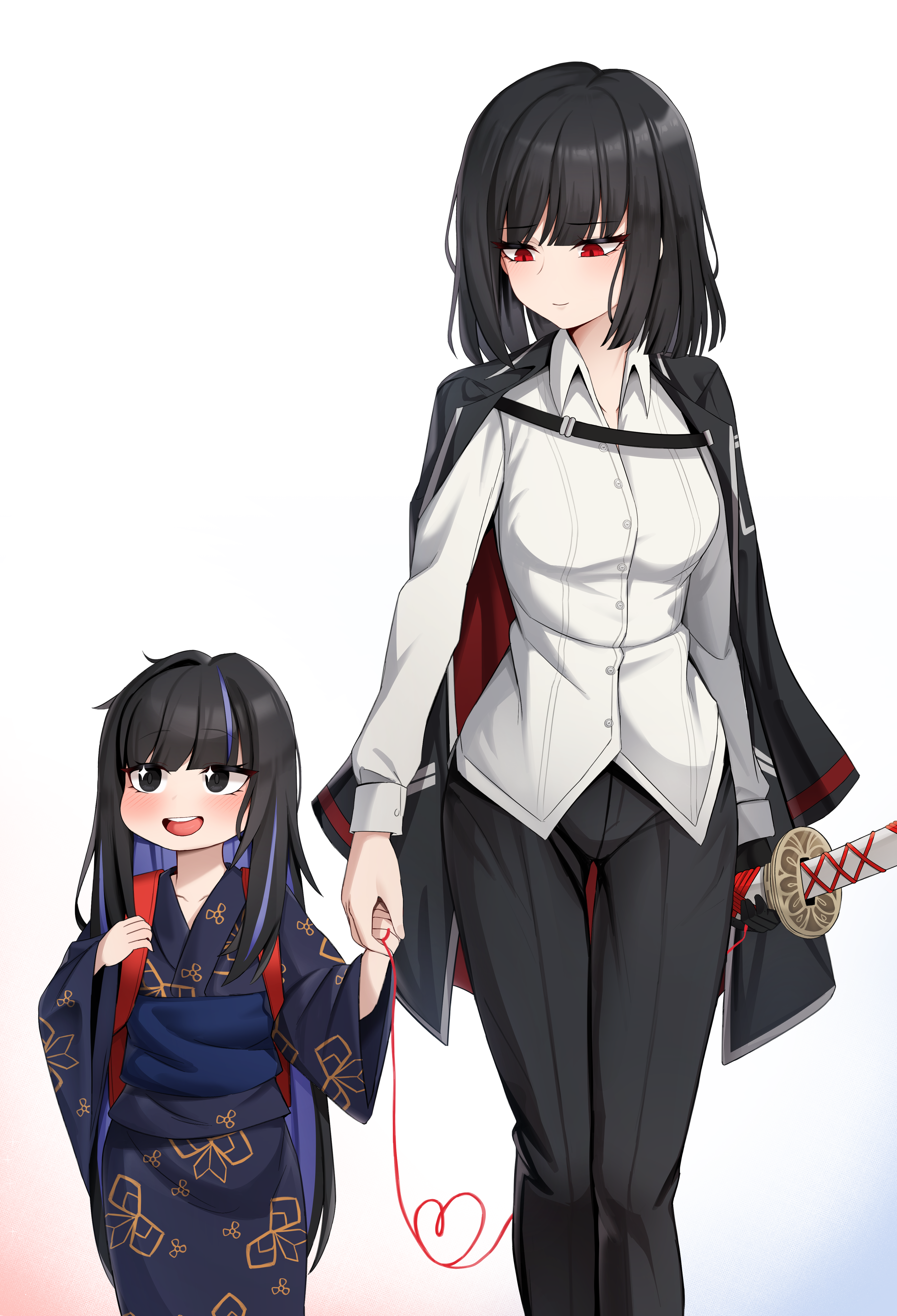 kisa (leg3043), araya (project moon), ryoshu (project moon), limbus company, project moon, absurdres, commentary request, highres, korean commentary, 2girls, backpack, bag, black hair, black jacket, black pants, blue hair, blush, breasts, buttons, collared shirt, holding hands, jacket, jacket on shoulders, japanese clothes, kimono, lcb uniform (project moon), long hair, looking at another, looking to the side, medium hair, mother and daughter, multicolored hair, multiple girls, open mouth, pants, randoseru, red bag, red eyes, sheath, sheathed, shirt, small breasts, smile, star-shaped pupils, star (symbol), streaked hair, string, sword, symbol-shaped pupils, teeth, two-tone hair, upper teeth only, weapon, white shirt