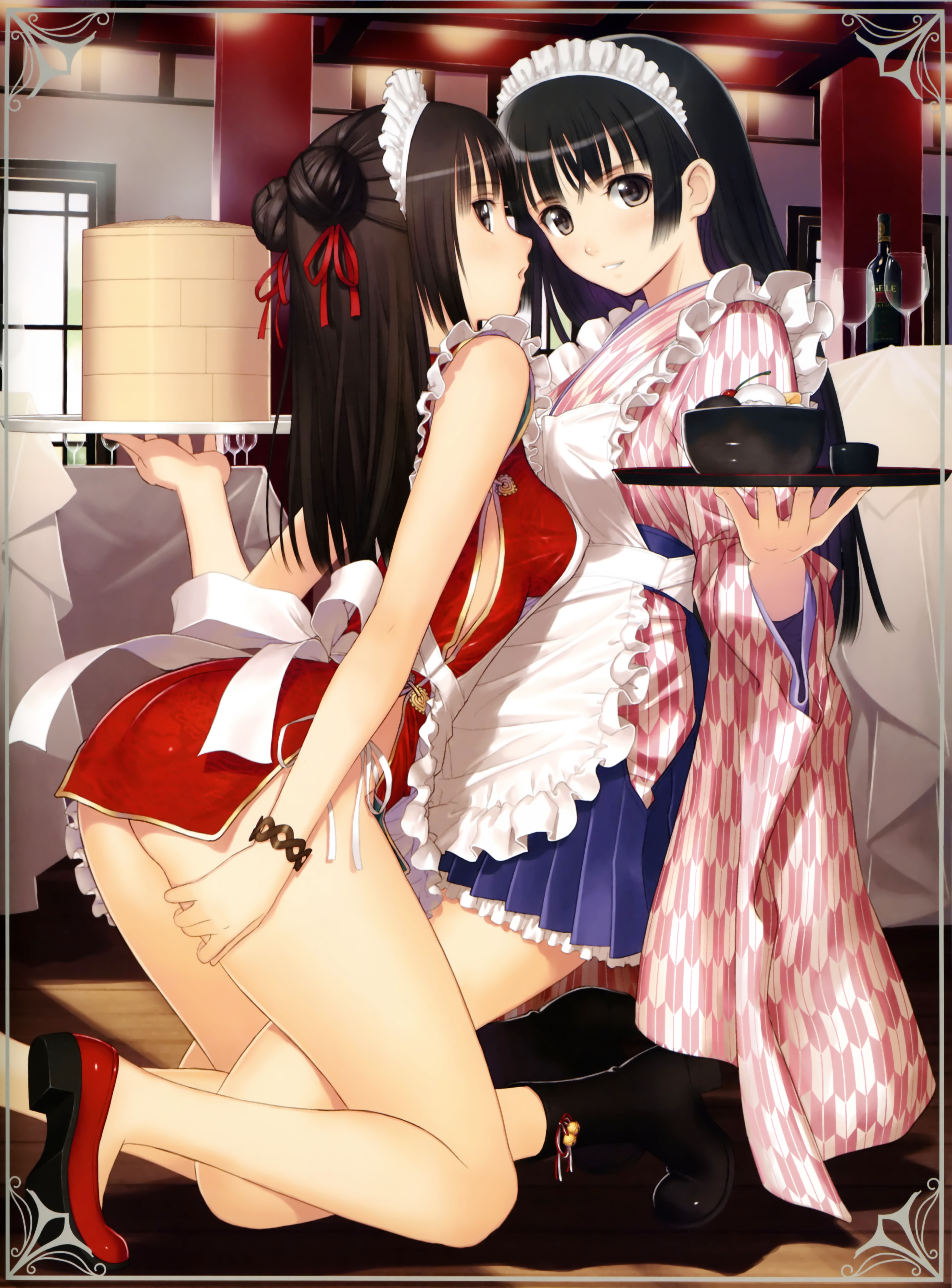 tony taka, red footwear, absurdres, highres, 2girls, alcohol, apron, arrow print, ass, bamboo steamer, black hair, bottle, cherry, china dress, chinese clothes, cup, double bun, dress, drinking glass, food, fruit, hair bun, ice cream, japanese clothes, legs, lolita fashion, long hair, long legs, maid, maid apron, maid headdress, multiple girls, shoes, tray, wa lolita, wa maid, waitress, wine, wine bottle, wine glass, yagasuri