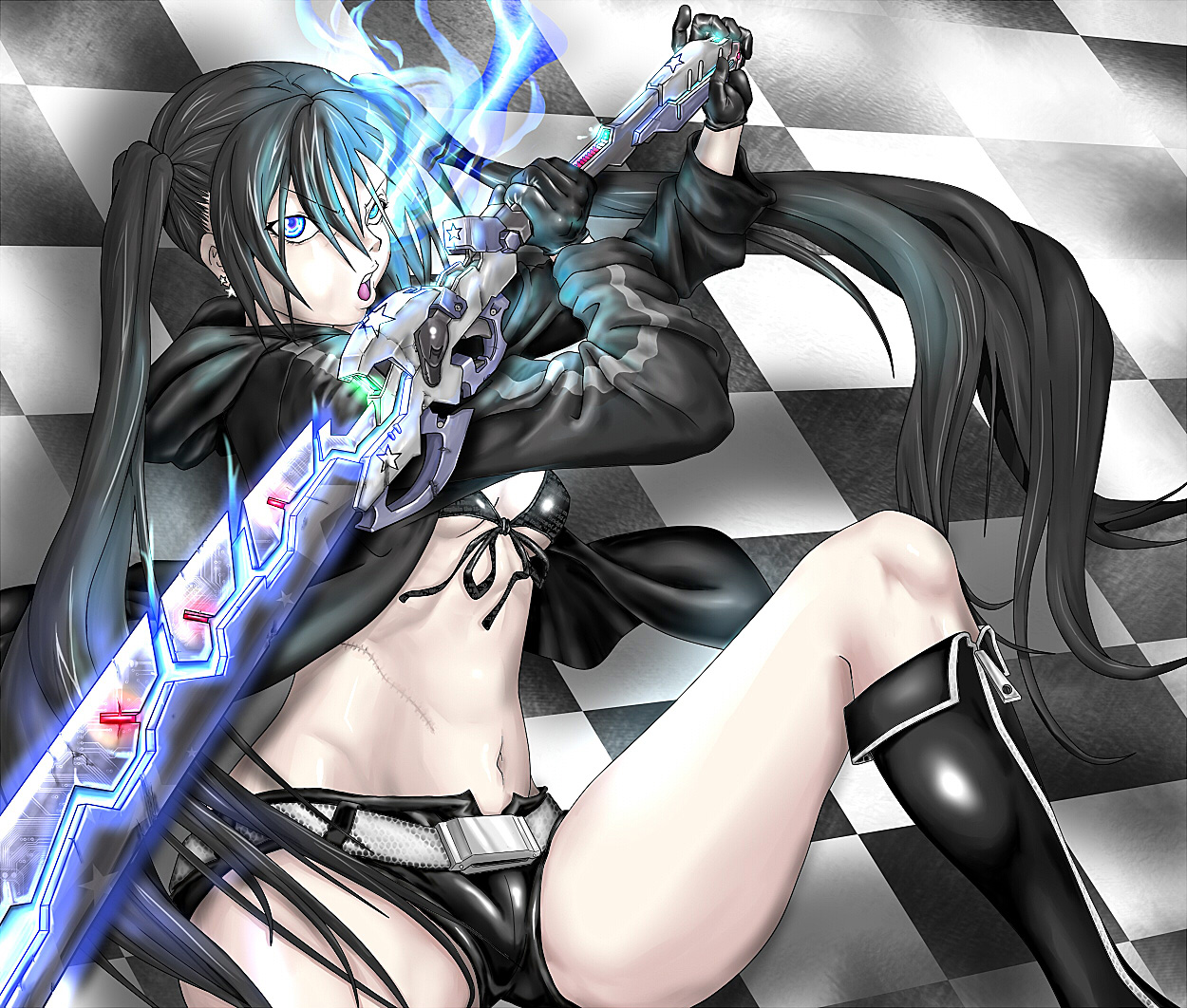 take nii, black rock shooter (character), black rock shooter, bad id, bad pixiv id, 10s, 1girl, bikini, bikini top only, black hair, blue eyes, boots, female focus, glowing, glowing eyes, jacket, lingerie, long hair, navel, pale skin, scar, shorts, solo, swimsuit, sword, twintails, underwear, weapon