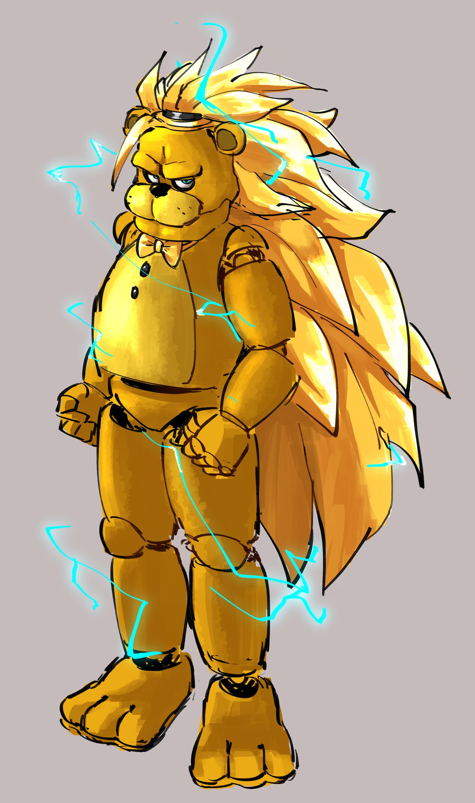 atlaszoidac, golden freddy, dragon ball, dragonball z, five nights at freddy's, absurdres, highres, 1boy, animatronic, blonde hair, electricity, full body, gold bowtie, grey background, long hair, simple background, solo, standing, super saiyan, super saiyan 3, very long hair