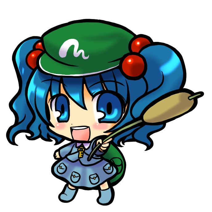 socha, kawashiro nitori, touhou, 1girl, blue eyes, blue hair, chibi, dress, female focus, hair bobbles, hair ornament, happy, hat, matching hair/eyes, simple background, solo, twintails, two side up