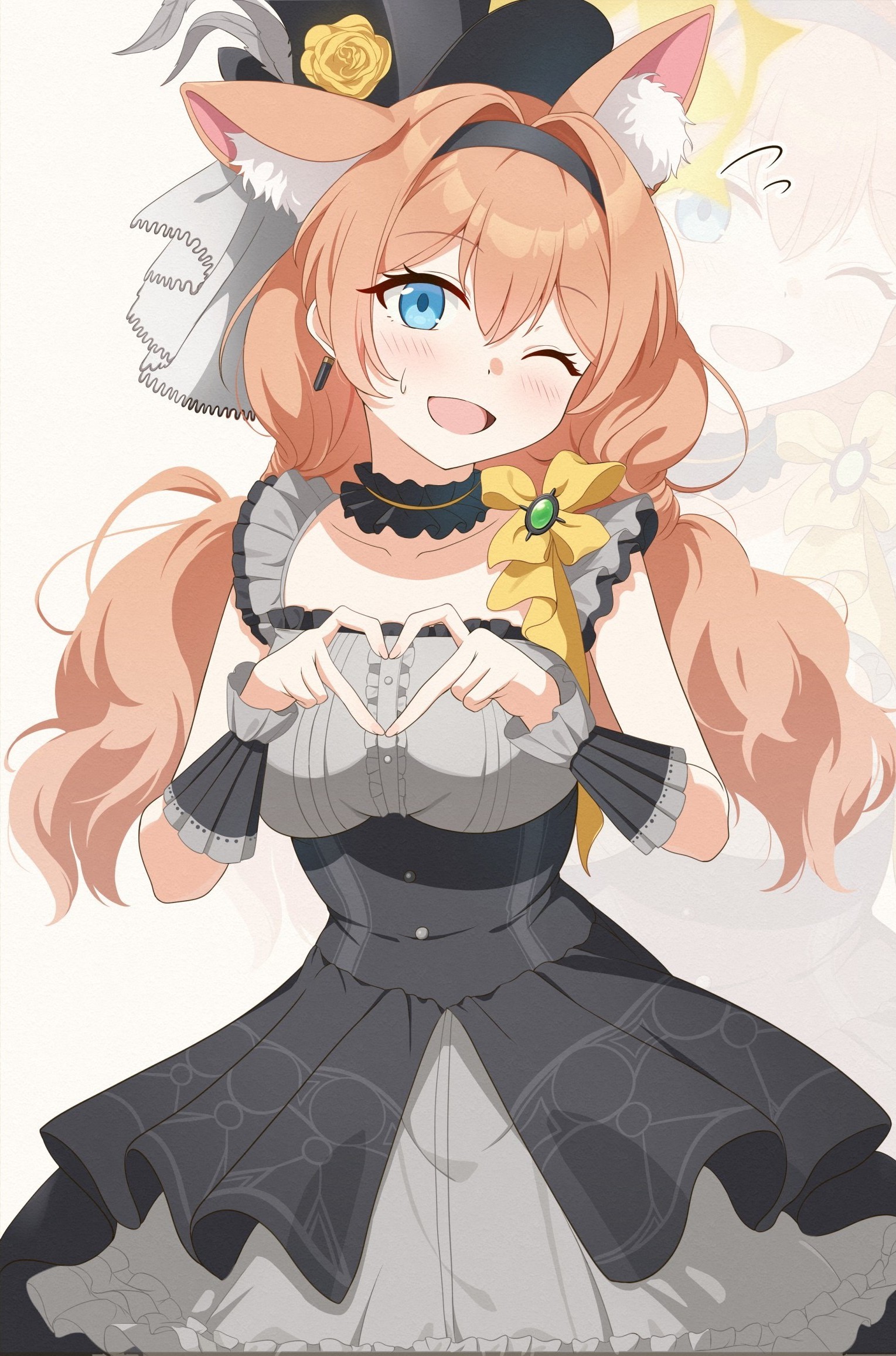 itaba atsushi, mari (blue archive), mari (idol) (blue archive), blue archive, 1girl, animal ears, black hat, breasts, cat ears, dress, halo, hat, heart, heart hands, looking at viewer, medium breasts, one eye closed, orange hair, simple background, solo, white background, yellow halo