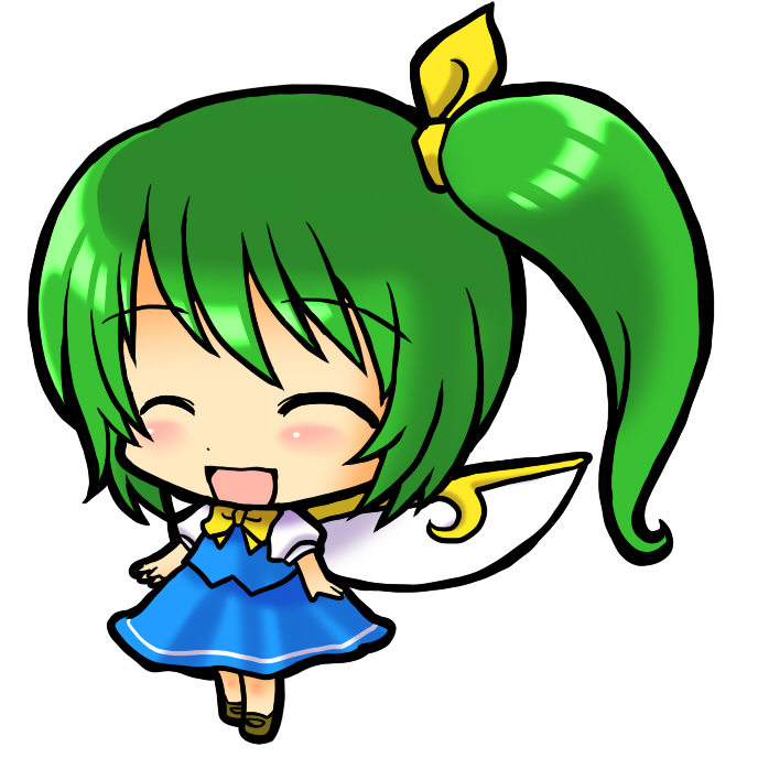 socha, daiyousei, embodiment of scarlet devil, touhou, 1girl, bow, chibi, closed eyes, female focus, full body, green hair, side ponytail, simple background, solo, white background, wings