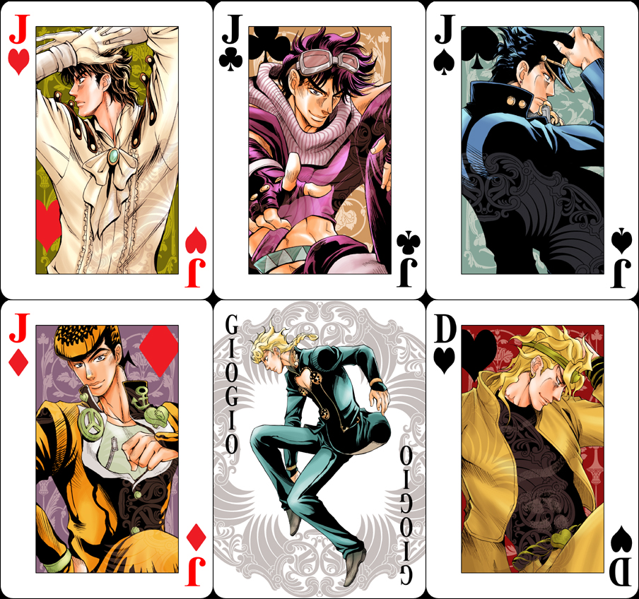 k-zaki, dio brando, giorno giovanna, higashikata josuke, jonathan joestar, joseph joestar, joseph joestar (young), kuujou joutarou, jojo no kimyou na bouken, vento aureo, bad id, bad pixiv id, 6+boys, card, card (medium), fabulous, gakuran, male focus, multiple boys, pompadour, school uniform
