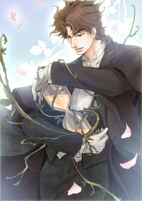 k-zaki, jonathan joestar, jojo no kimyou na bouken, bad id, bad pixiv id, 1boy, brown hair, formal clothes, gloves, hourglass, male focus, plant, solo, vines
