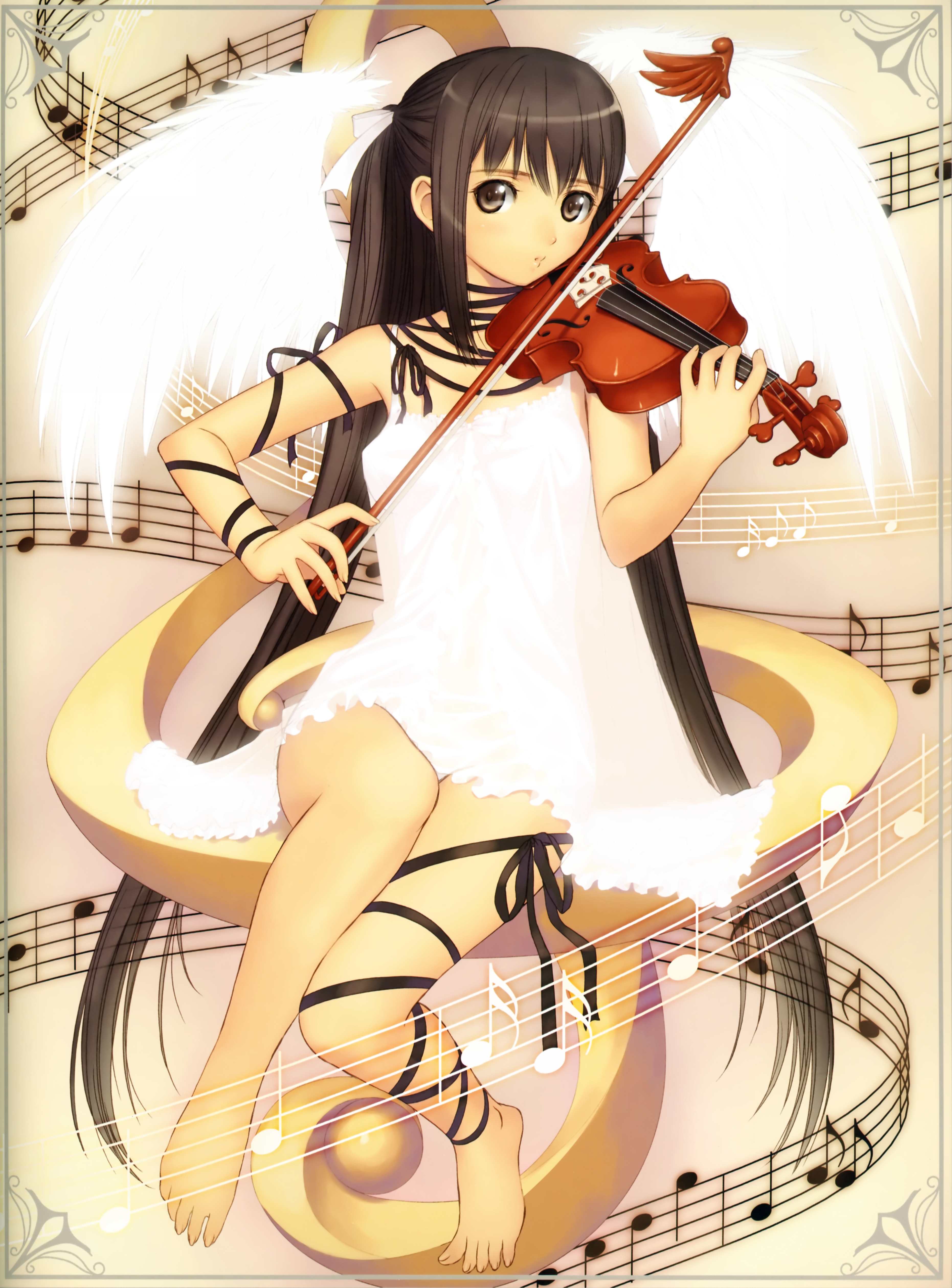 tony taka, absurdres, highres, 1girl, barefoot, brown eyes, brown hair, dress, feet, female focus, instrument, legs, long hair, musical note, musical staff, quaver, solo, toes, violin, wings